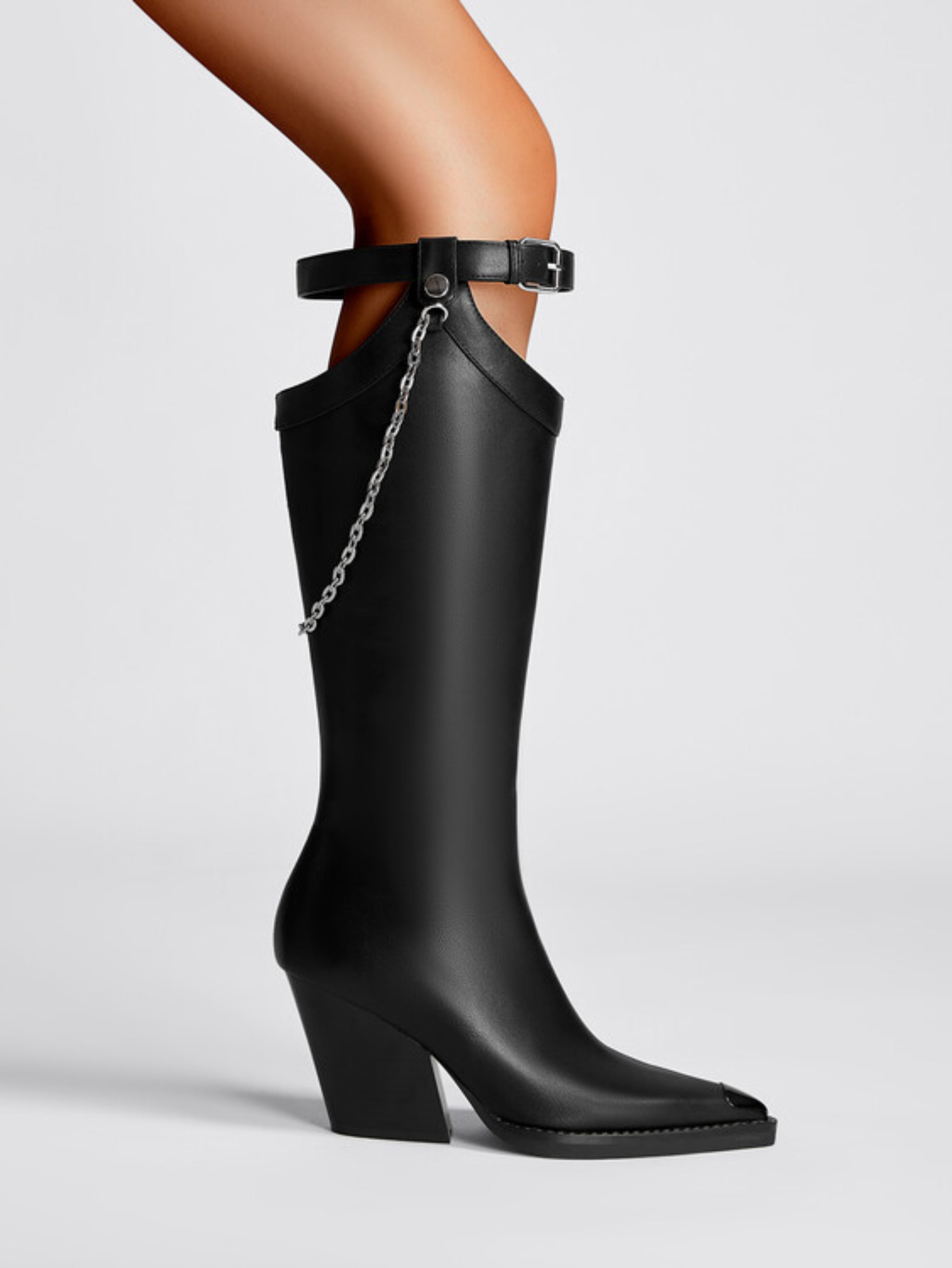 Black Pointed Toe Knee-High Cowgirl Boots for Women