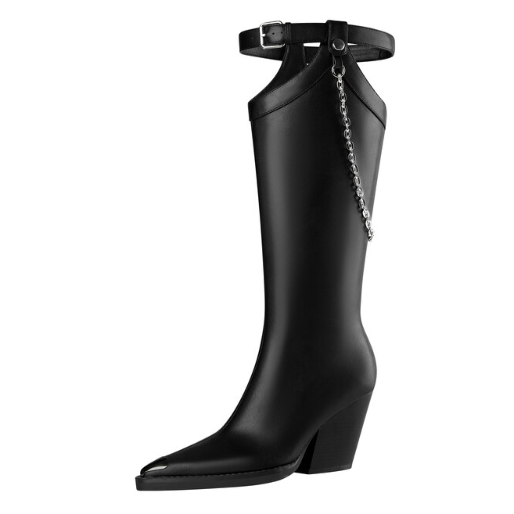 Black Pointed Toe Knee-High Cowgirl Boots for Women