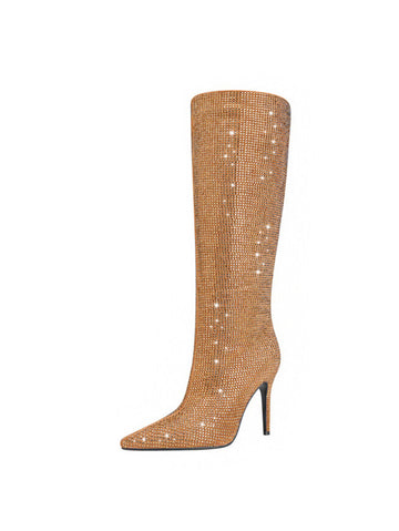 Tan Glitter Knee-High Boots with Heels