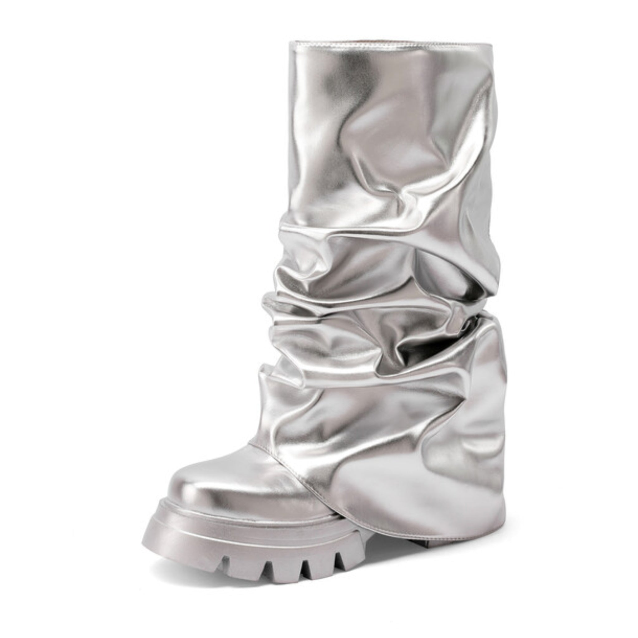 Silver Mirror Vegan Leather Finish Long Boots Women