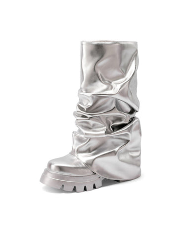 Silver Mirror Vegan Leather Finish Long Boots Women