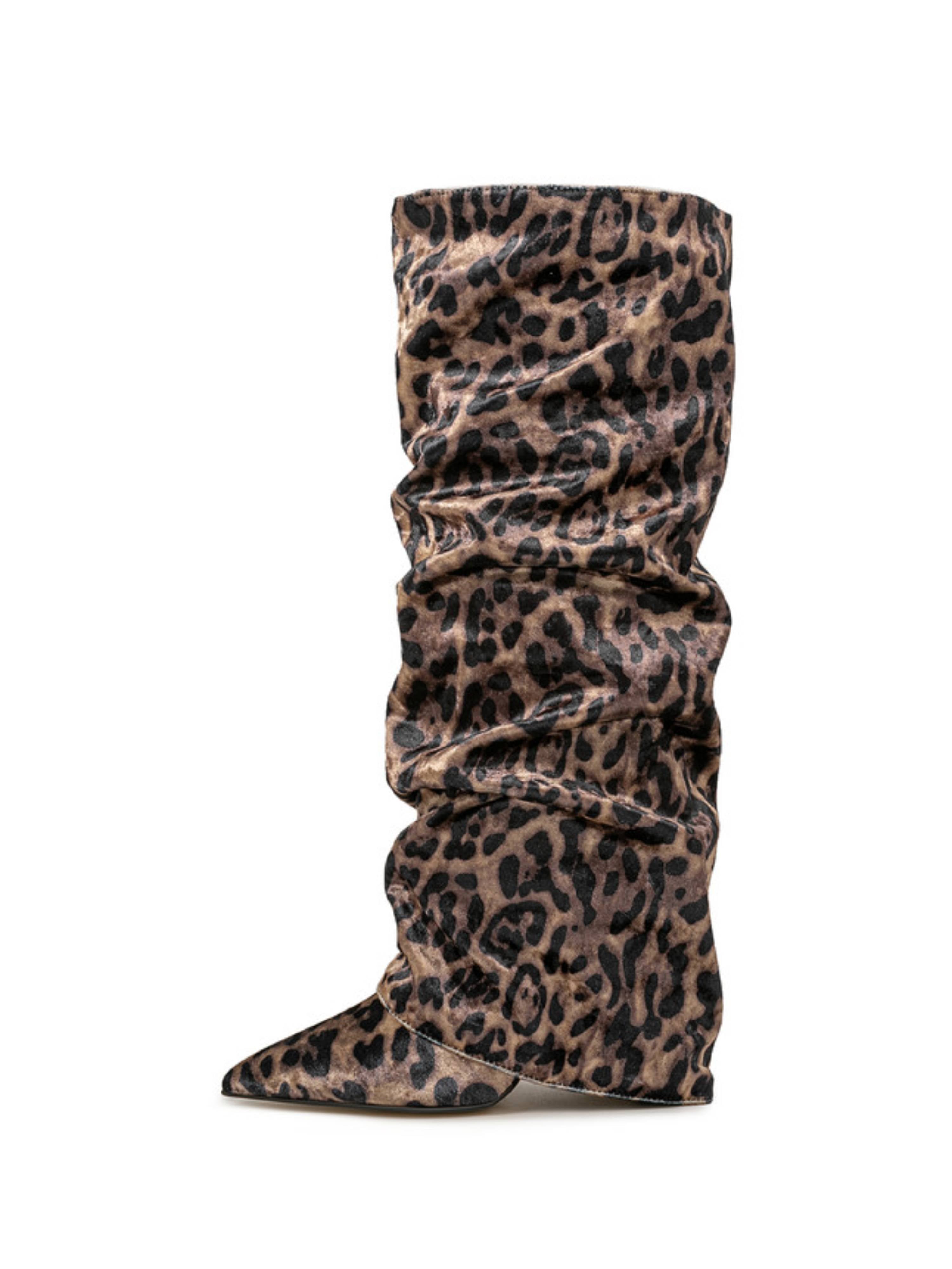 Leopard Print Slouchy Velvet High-Heel Fold Over Knee-High Boots