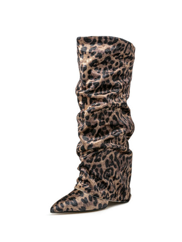 Leopard Print Slouchy Velvet High-Heel Fold Over Knee-High Boots