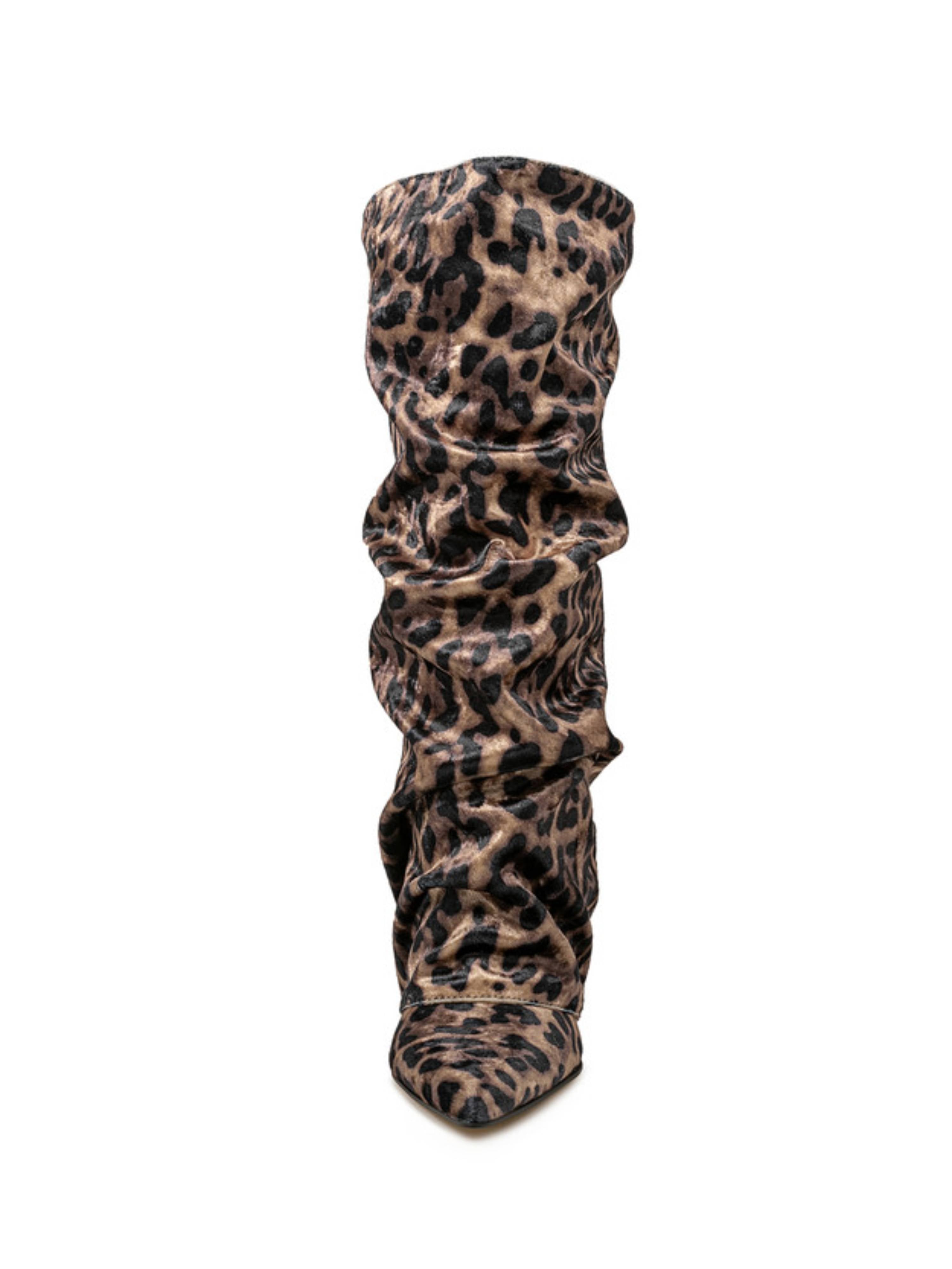 Leopard Print Slouchy Velvet High-Heel Fold Over Knee-High Boots