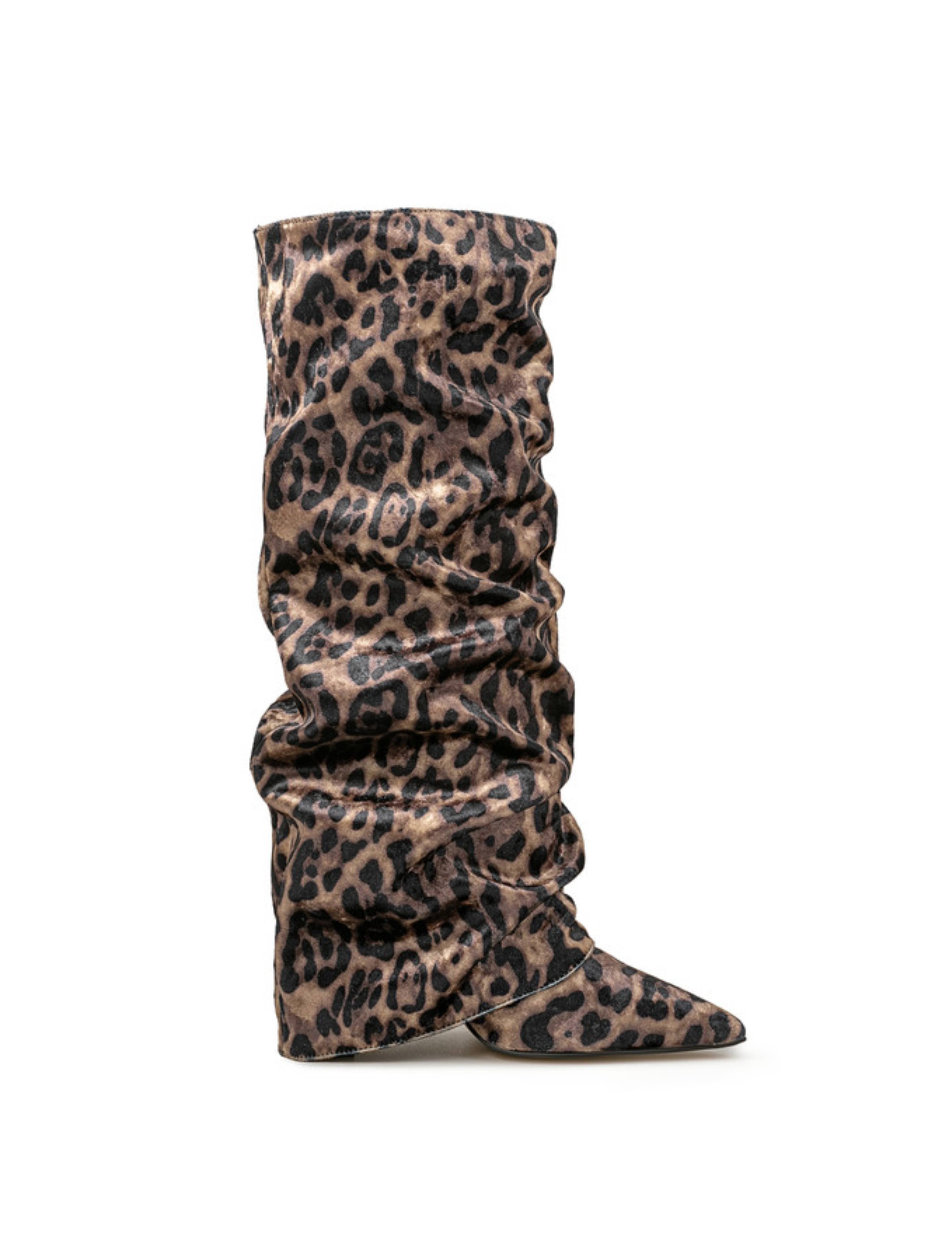 Leopard Print Slouchy Velvet High-Heel Fold Over Knee-High Boots