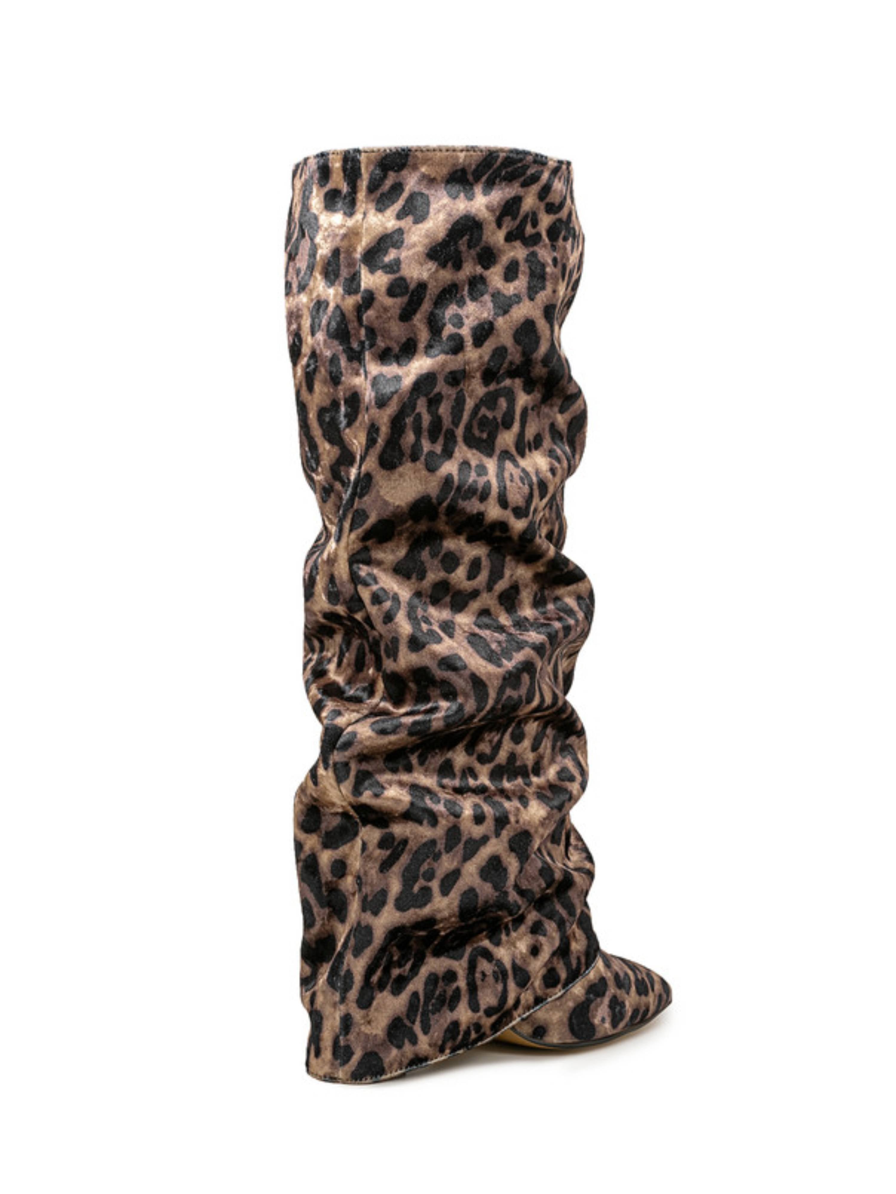 Leopard Print Slouchy Velvet High-Heel Fold Over Knee-High Boots