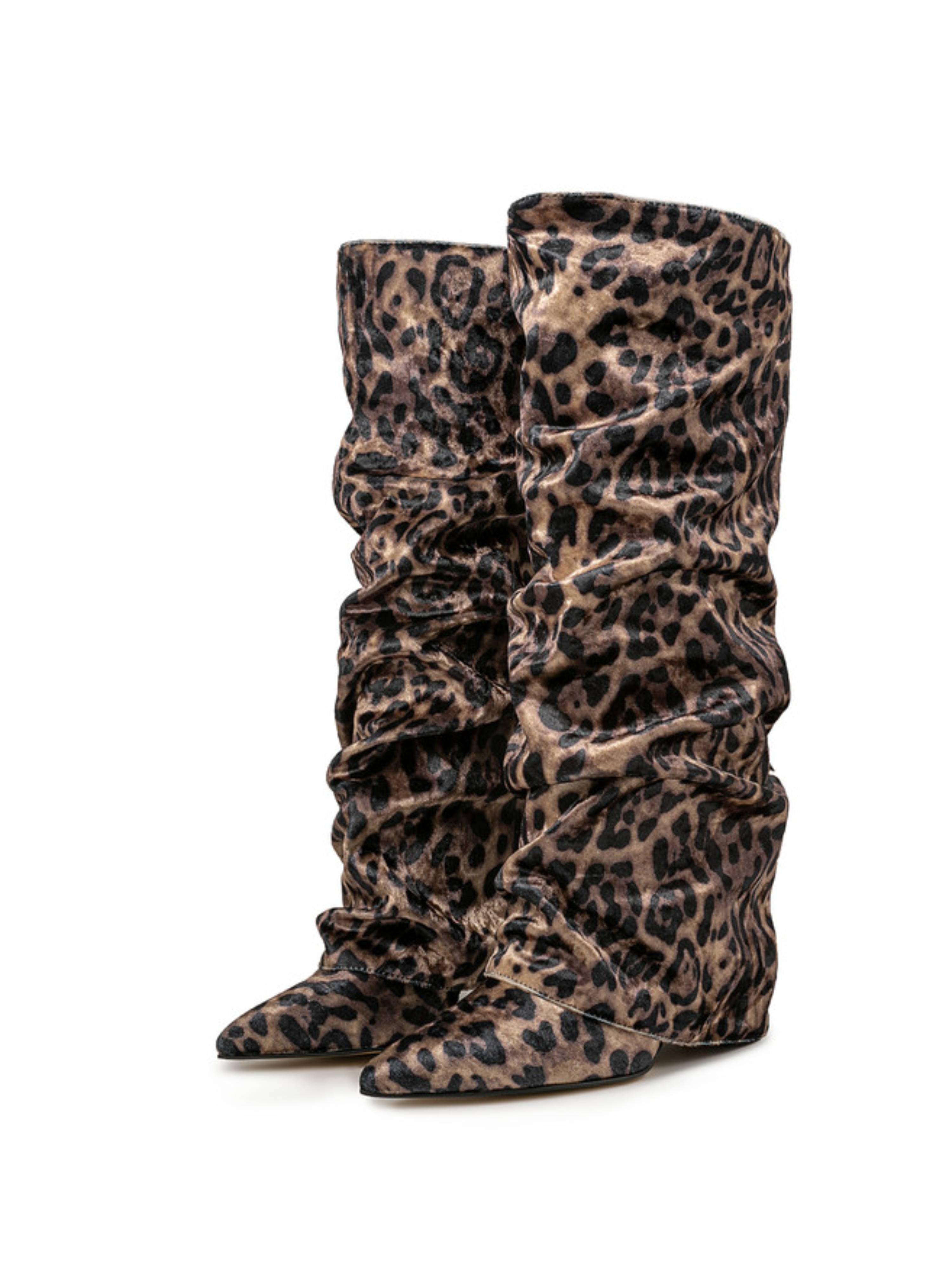 Leopard Print Slouchy Velvet High-Heel Fold Over Knee-High Boots