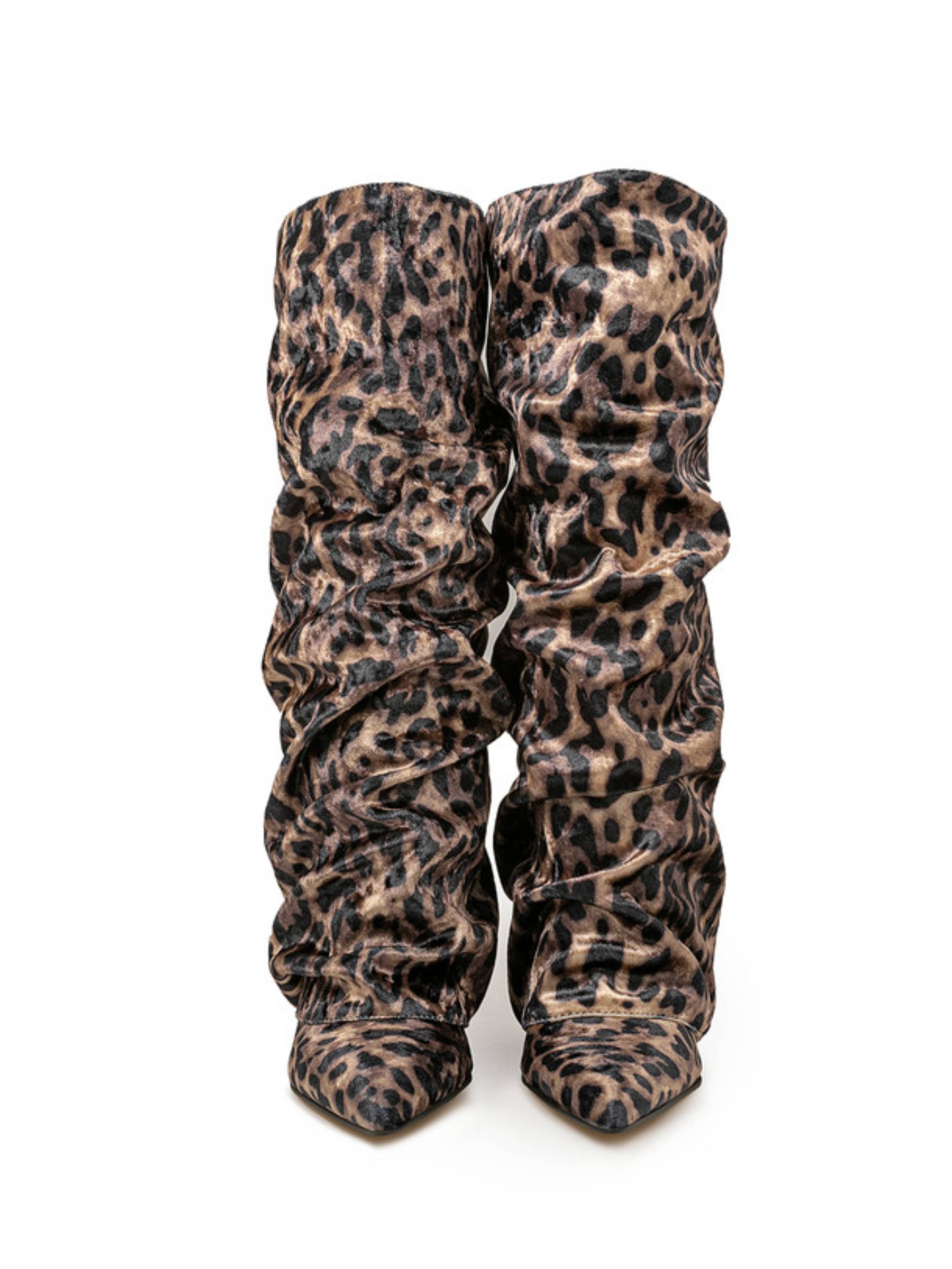 Leopard Print Slouchy Velvet High-Heel Fold Over Knee-High Boots