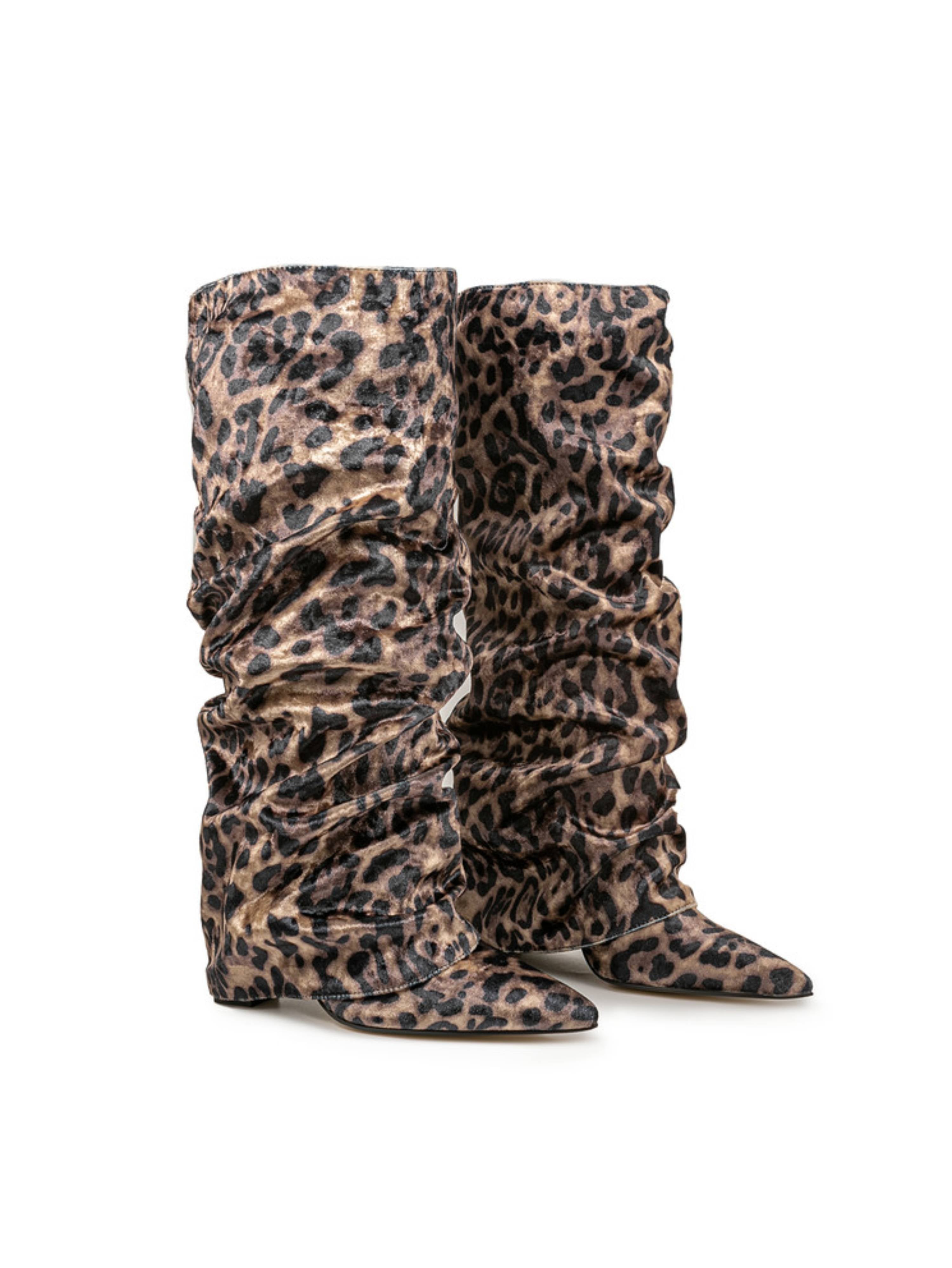 Leopard Print Slouchy Velvet High-Heel Fold Over Knee-High Boots