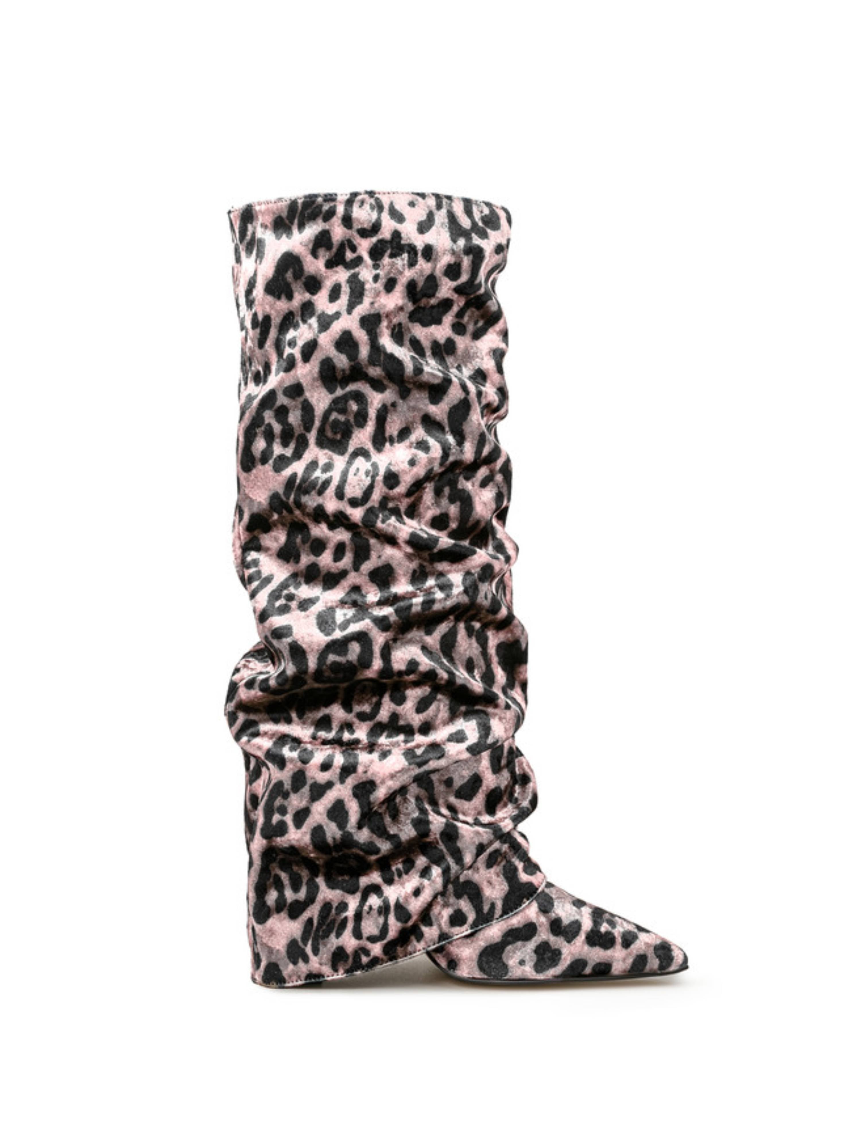 Pink Leopard Print Slouchy Knee-High Fold Over Boots Women