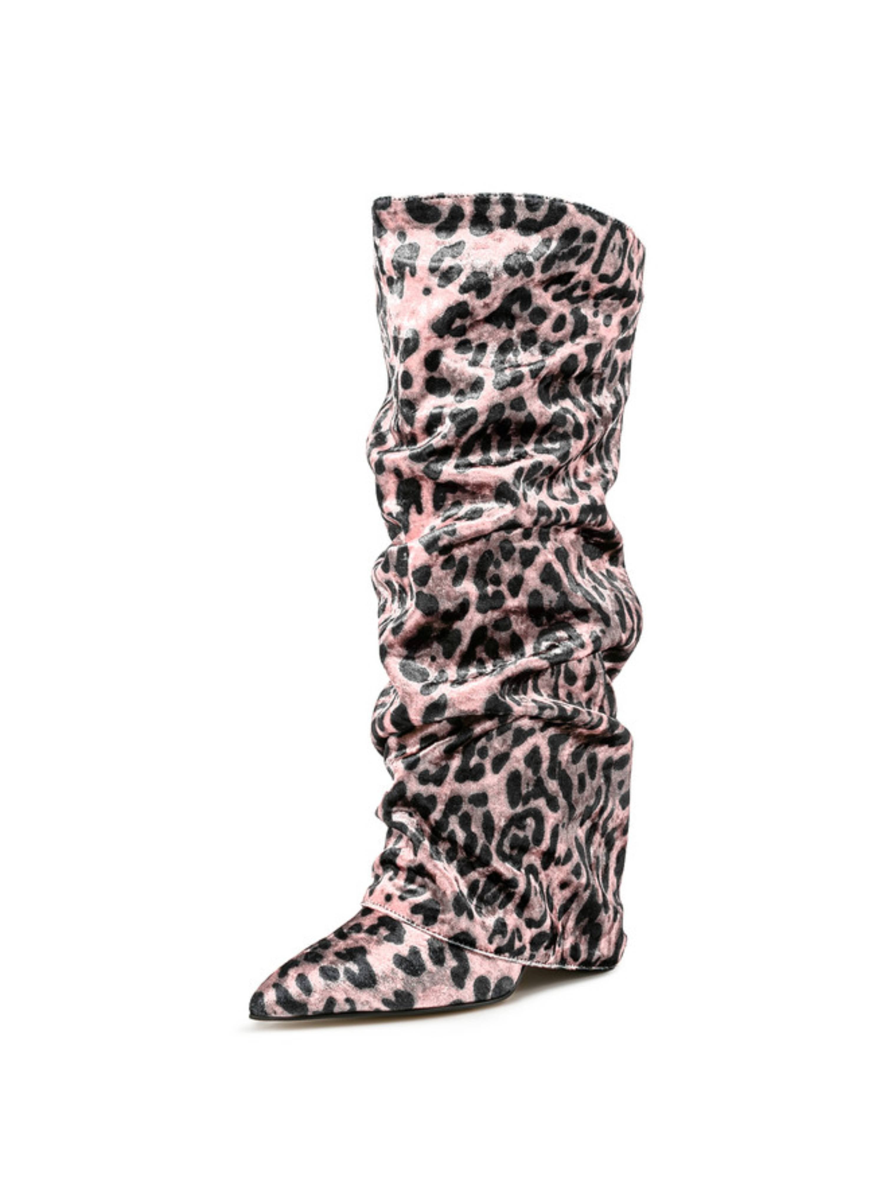 Pink Leopard Print Slouchy Knee-High Fold Over Boots Women
