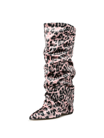 Pink Leopard Print Slouchy Knee-High Fold Over Boots Women