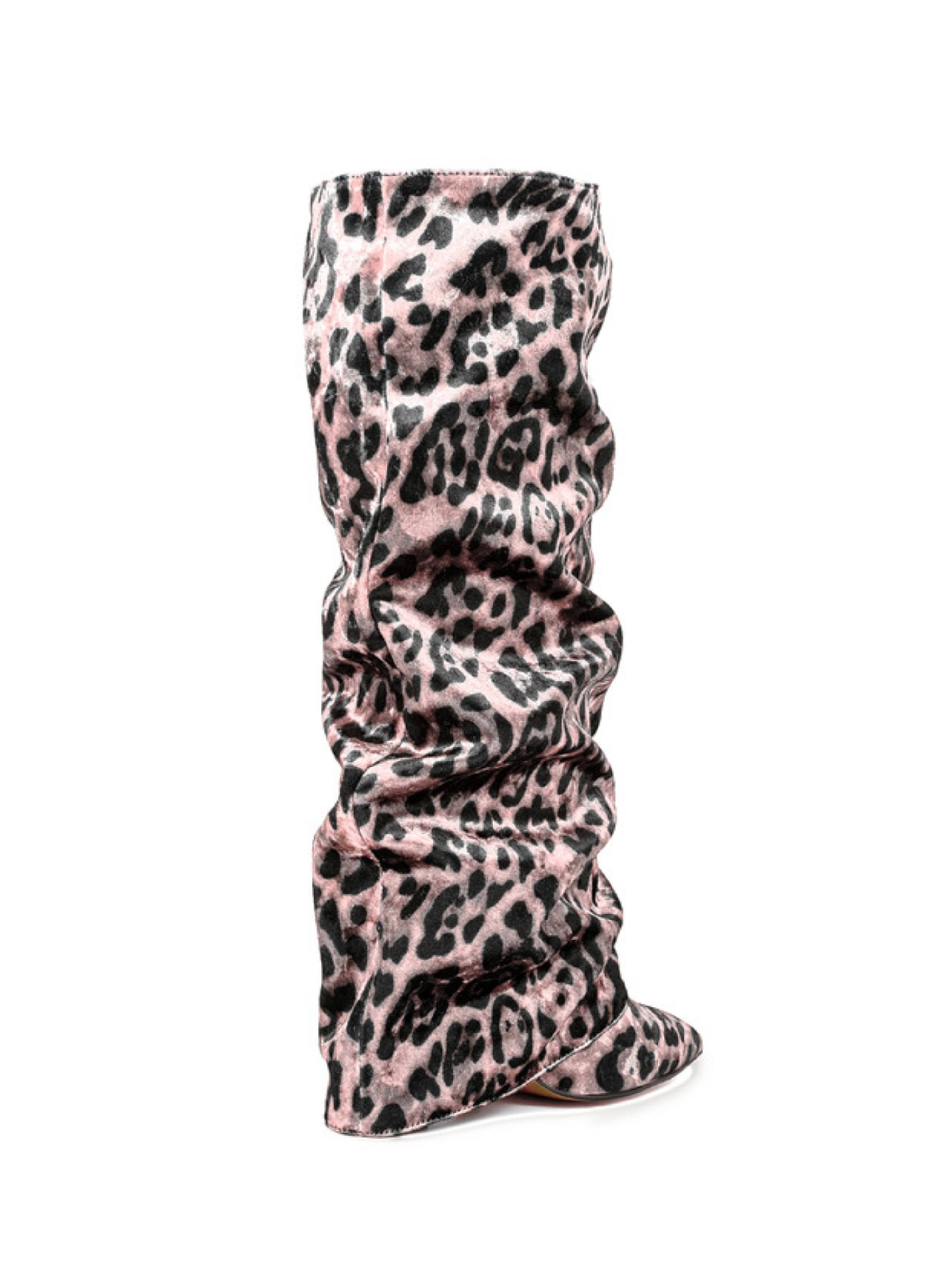 Pink Leopard Print Slouchy Knee-High Fold Over Boots Women