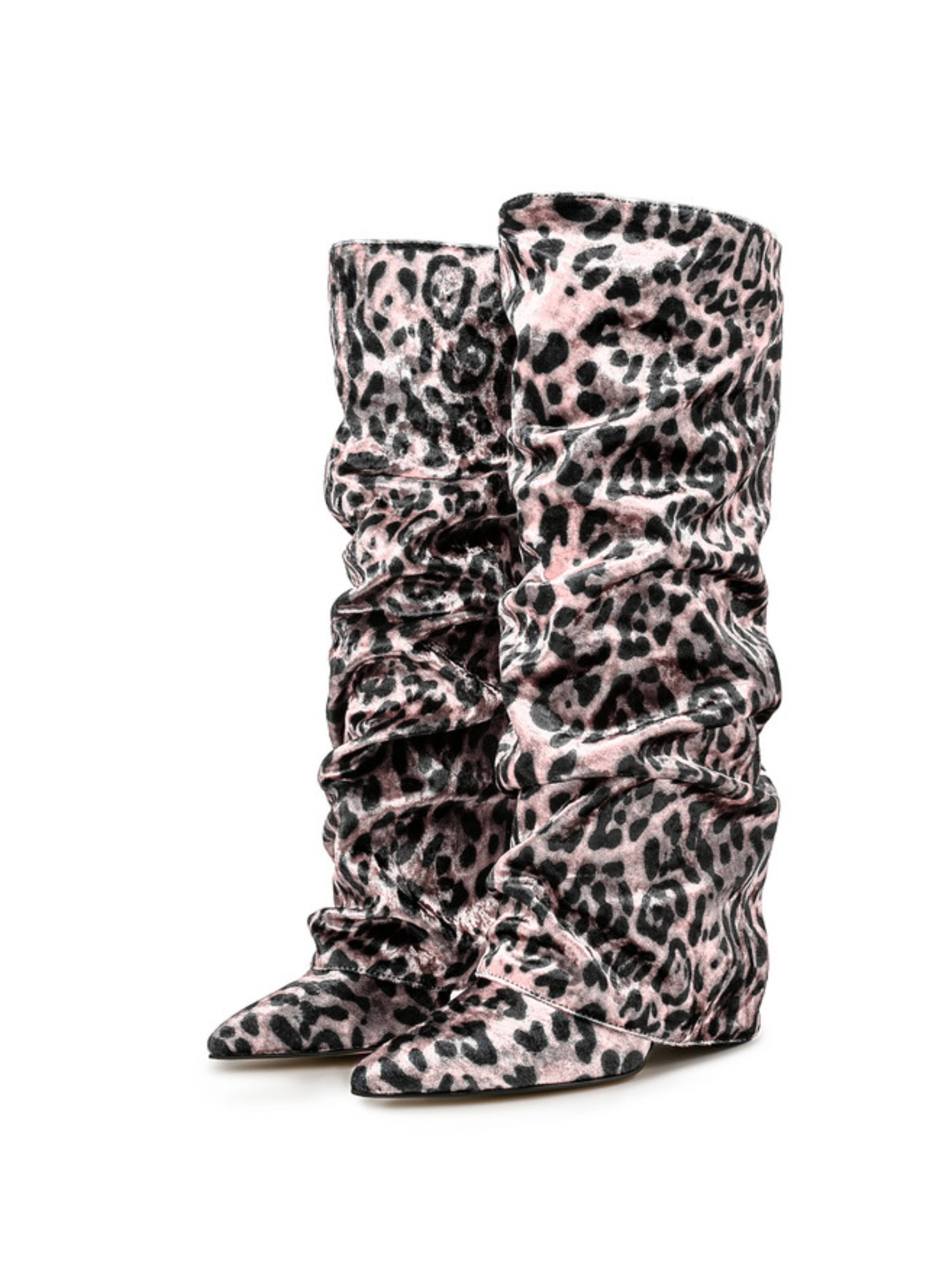 Pink Leopard Print Slouchy Knee-High Fold Over Boots Women