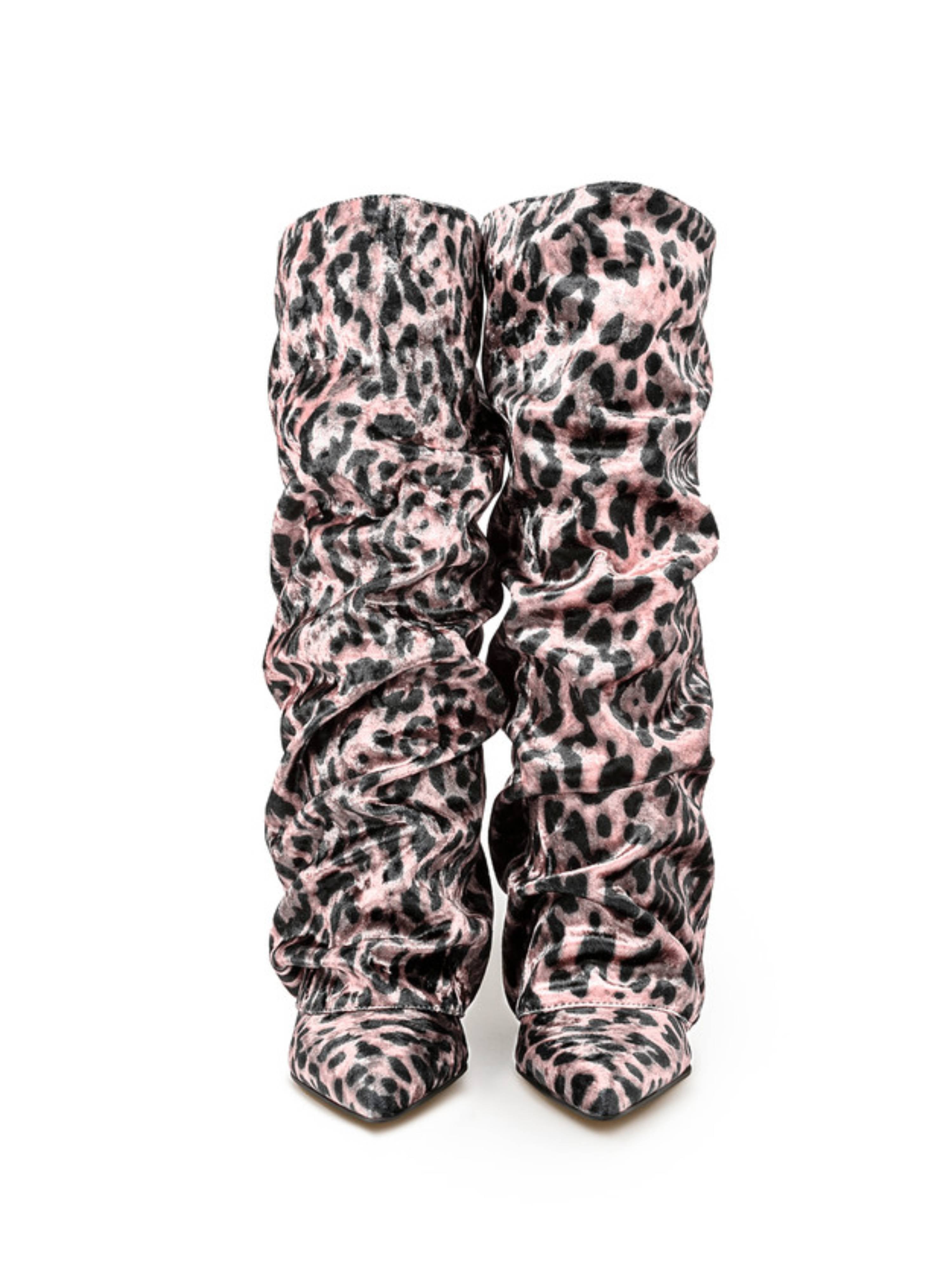 Pink Leopard Print Slouchy Knee-High Fold Over Boots Women