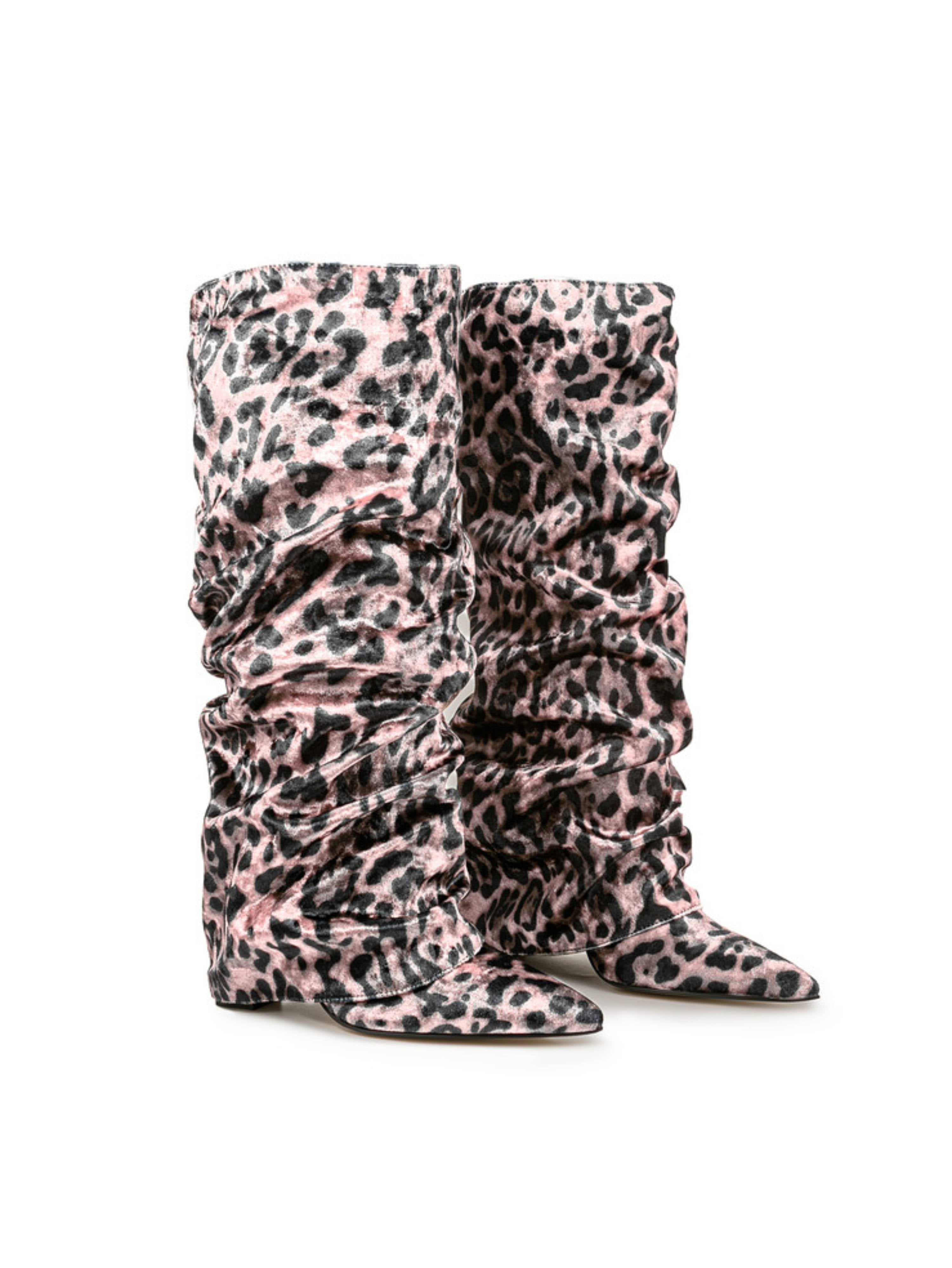 Pink Leopard Print Slouchy Knee-High Fold Over Boots Women