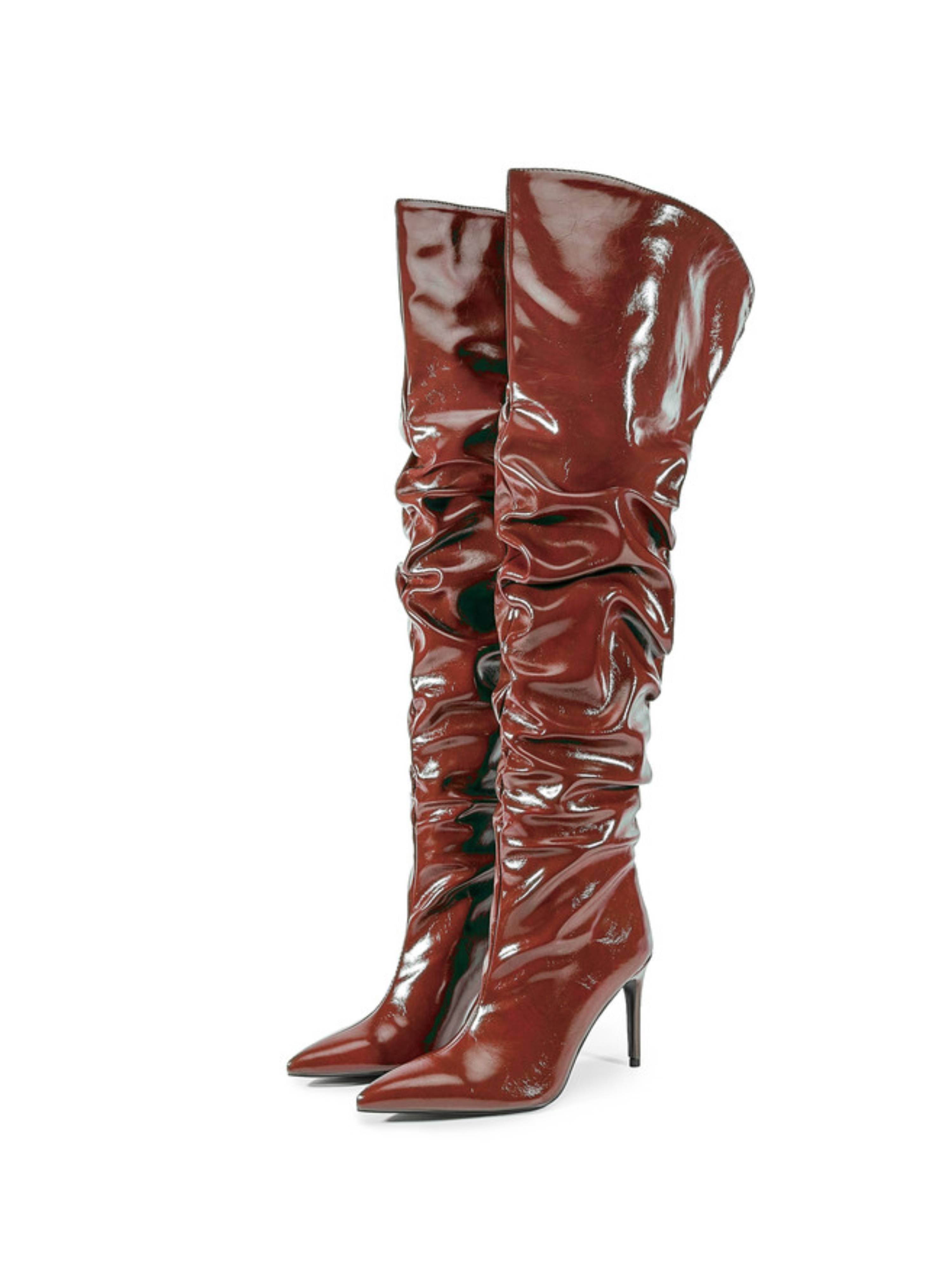 Classic Burgundy High-Heel Slouch Thigh-High Boots