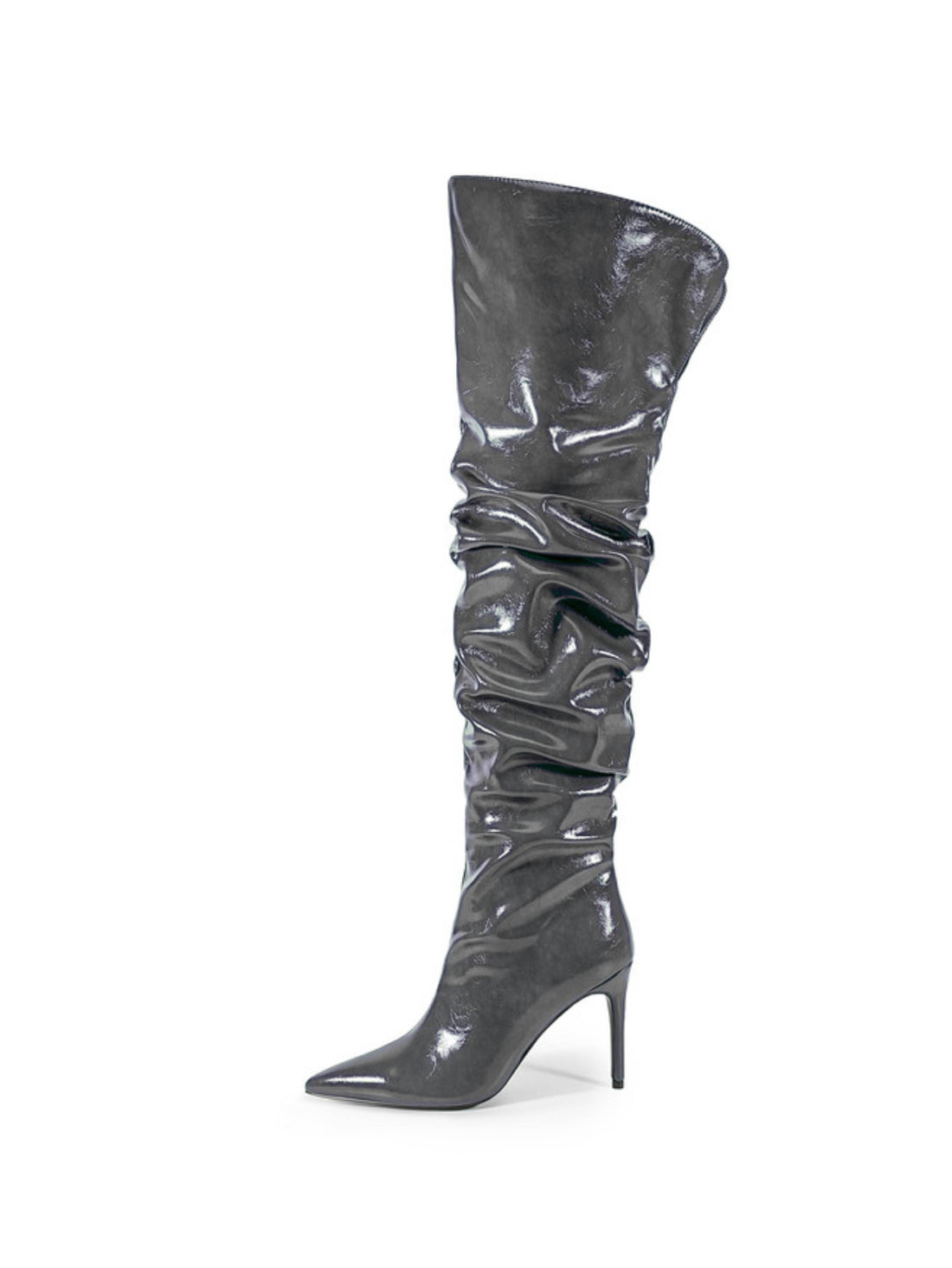 Grey Pointed Toe Slouchy Stiletto Heel Thigh-High Boots