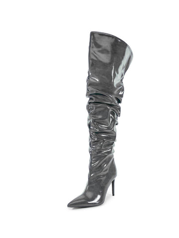 Grey Pointed Toe Slouchy Stiletto Heel Thigh-High Boots
