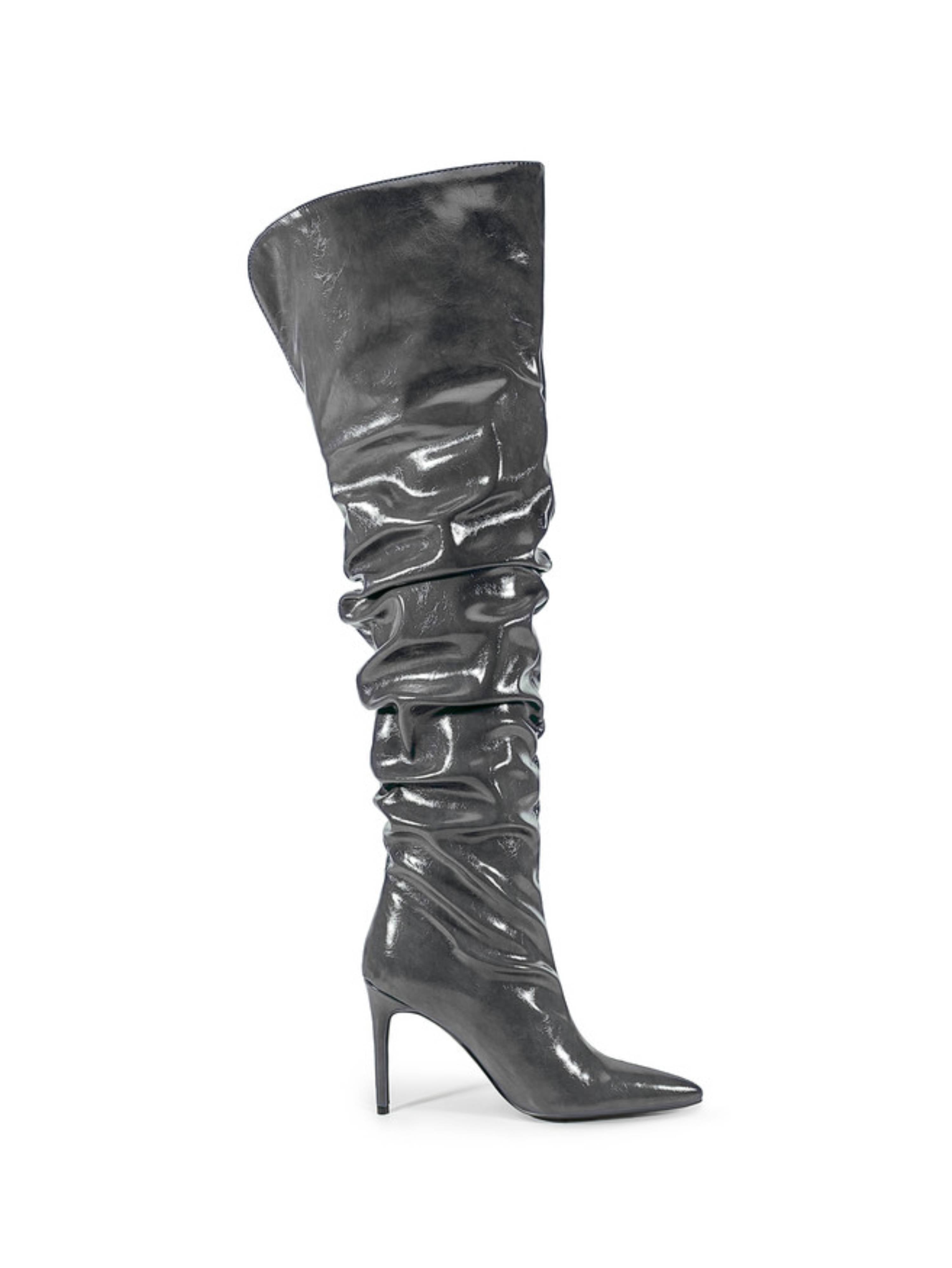Grey Pointed Toe Slouchy Stiletto Heel Thigh-High Boots