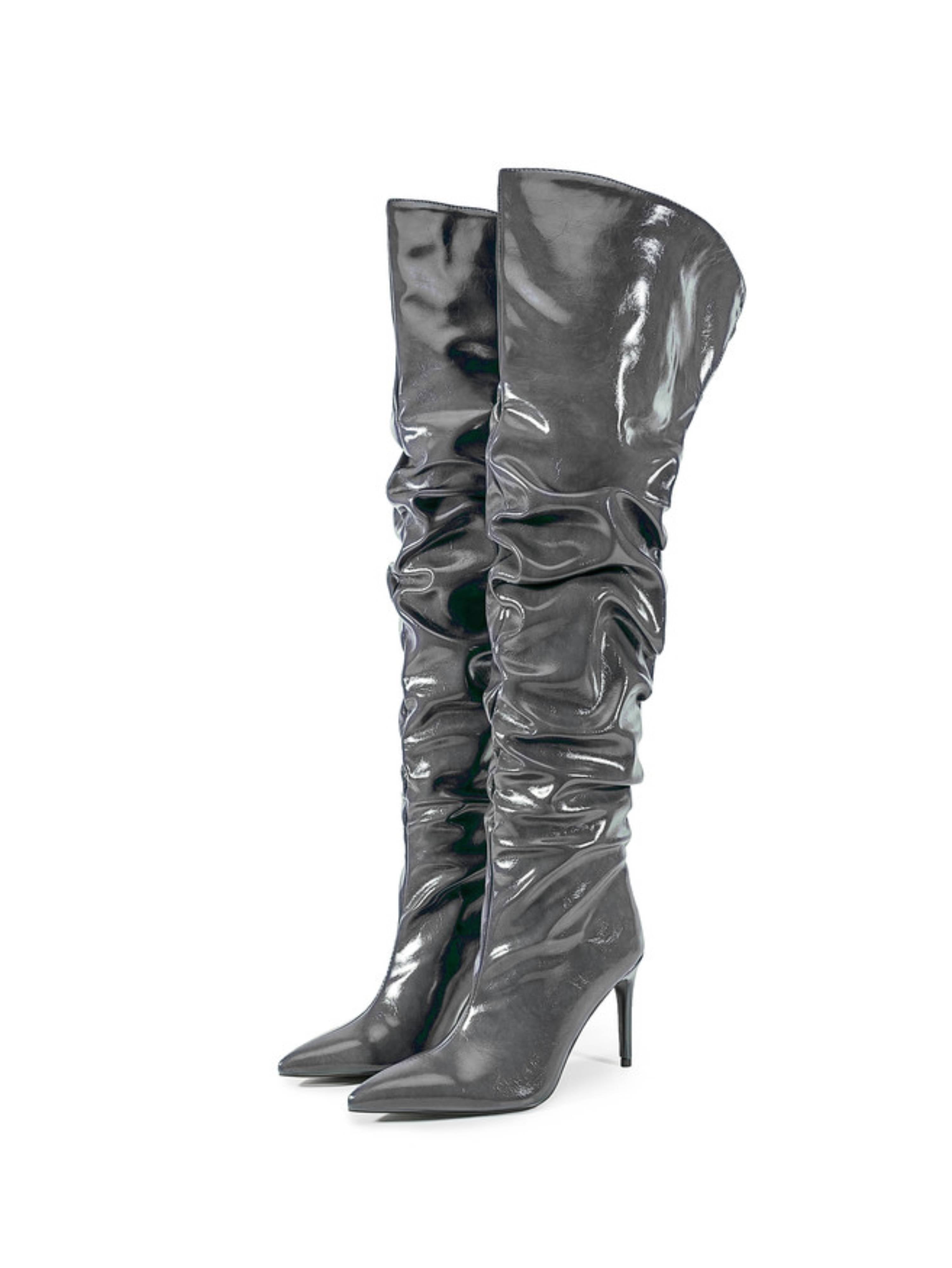 Grey Pointed Toe Slouchy Stiletto Heel Thigh-High Boots