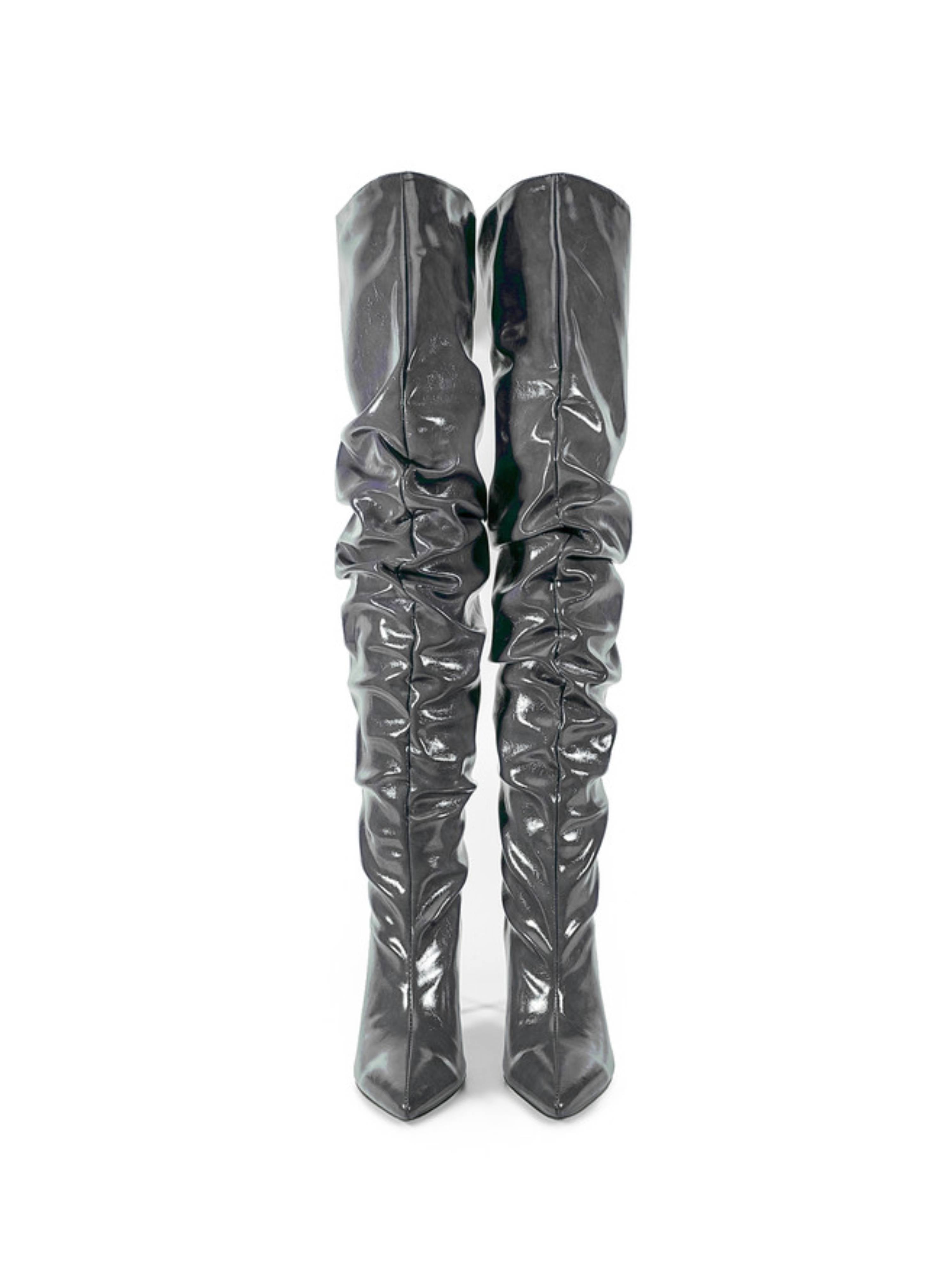 Grey Pointed Toe Slouchy Stiletto Heel Thigh-High Boots