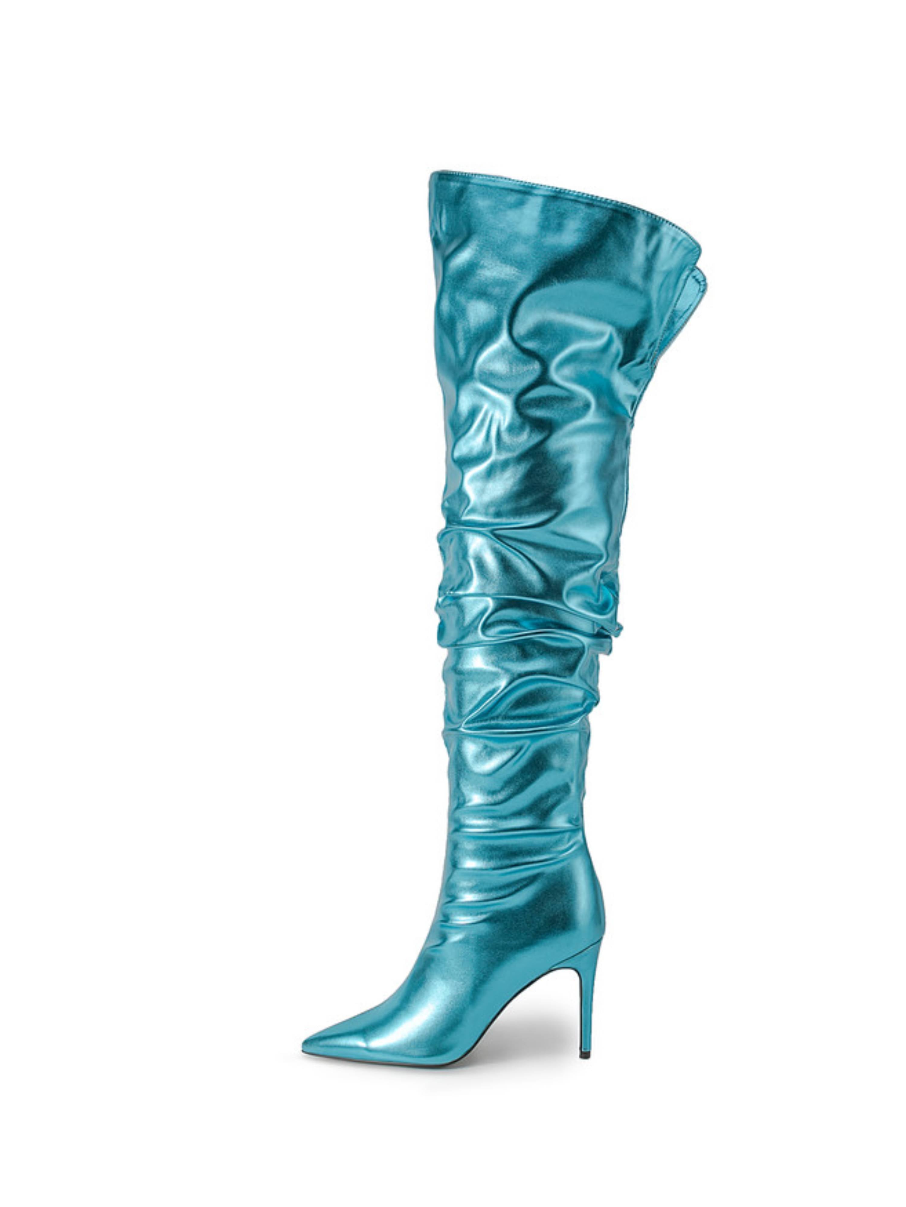 Metallic Sky Blue High-Heel Stiletto Slouchy Thight-High Boots