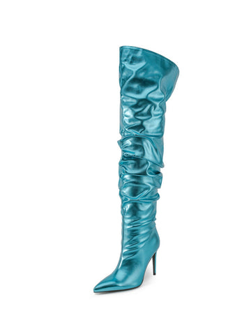 Metallic Sky Blue High-Heel Stiletto Slouchy Thight-High Boots
