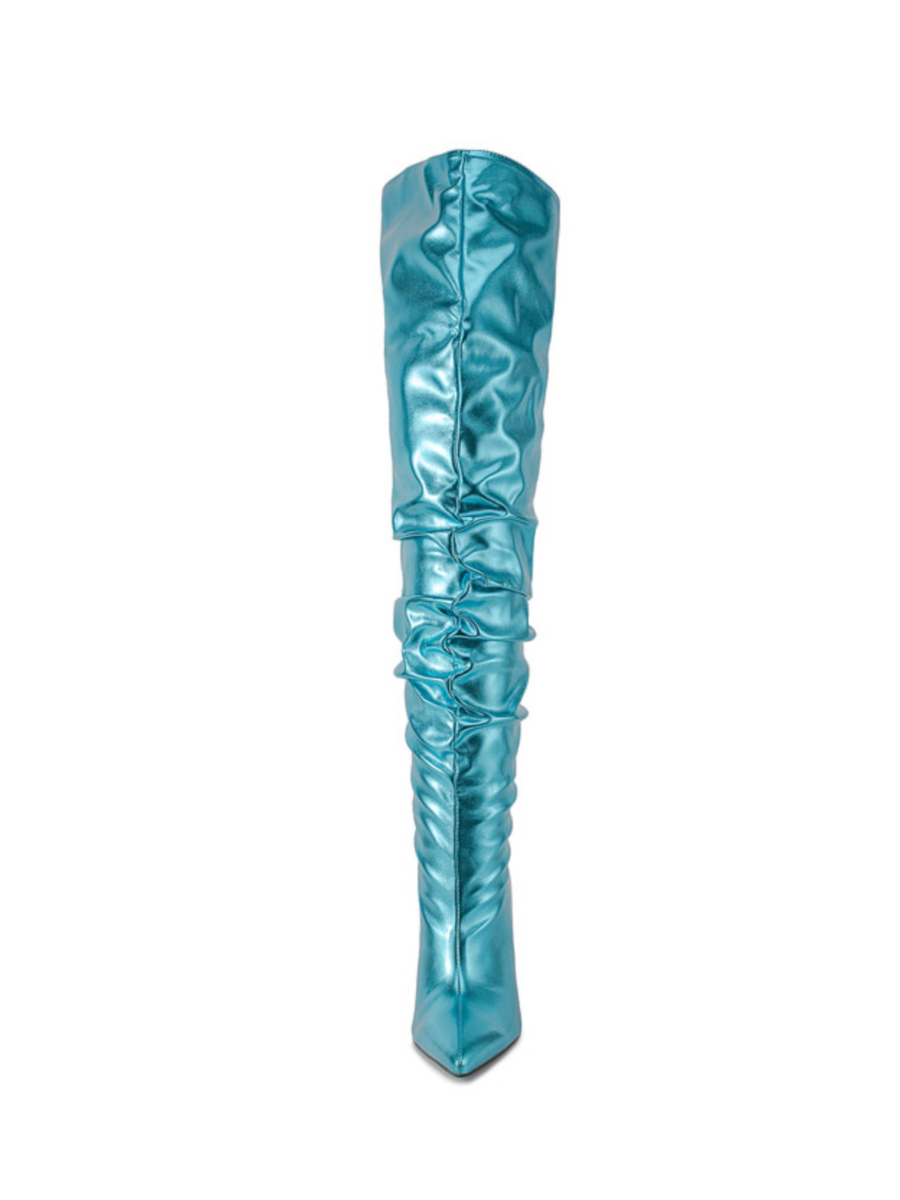 Metallic Sky Blue High-Heel Stiletto Slouchy Thight-High Boots