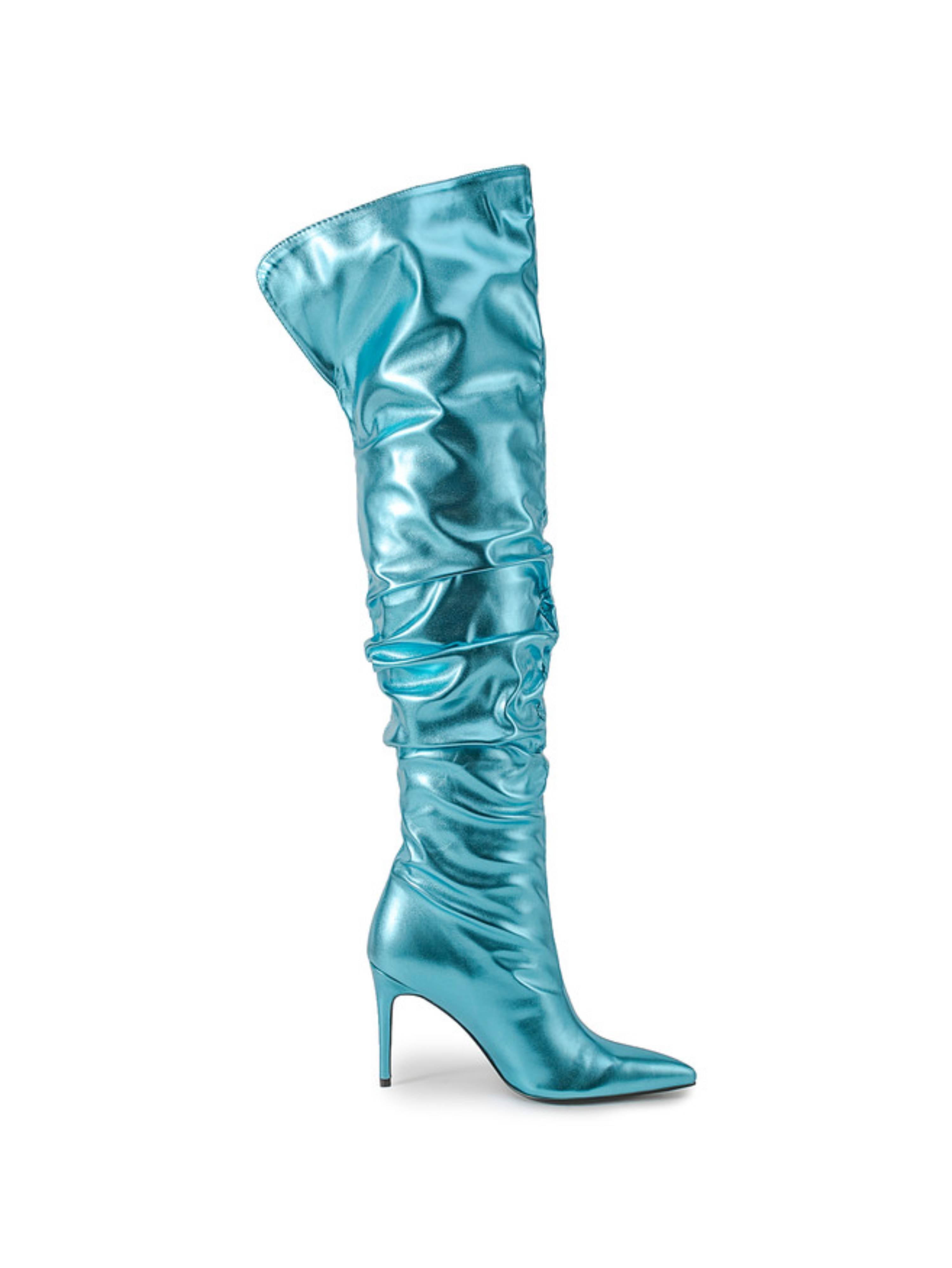 Metallic Sky Blue High-Heel Stiletto Slouchy Thight-High Boots