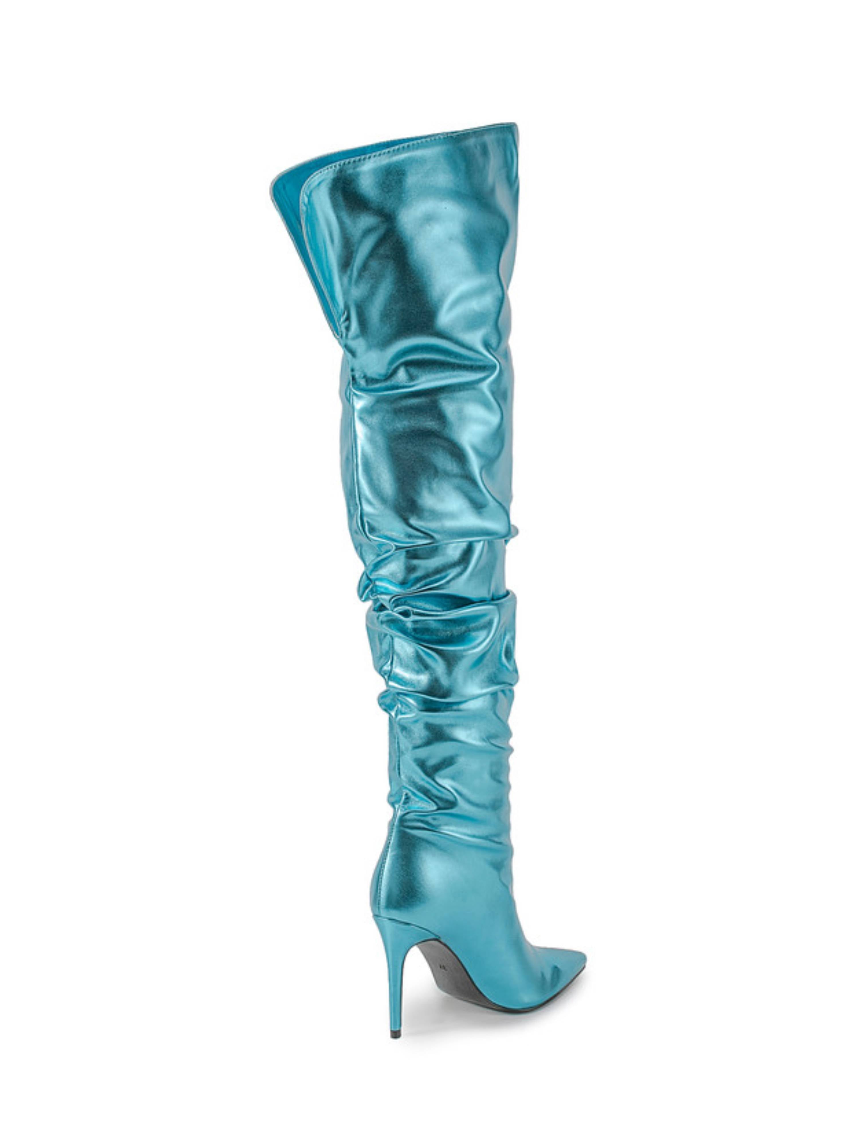 Metallic Sky Blue High-Heel Stiletto Slouchy Thight-High Boots