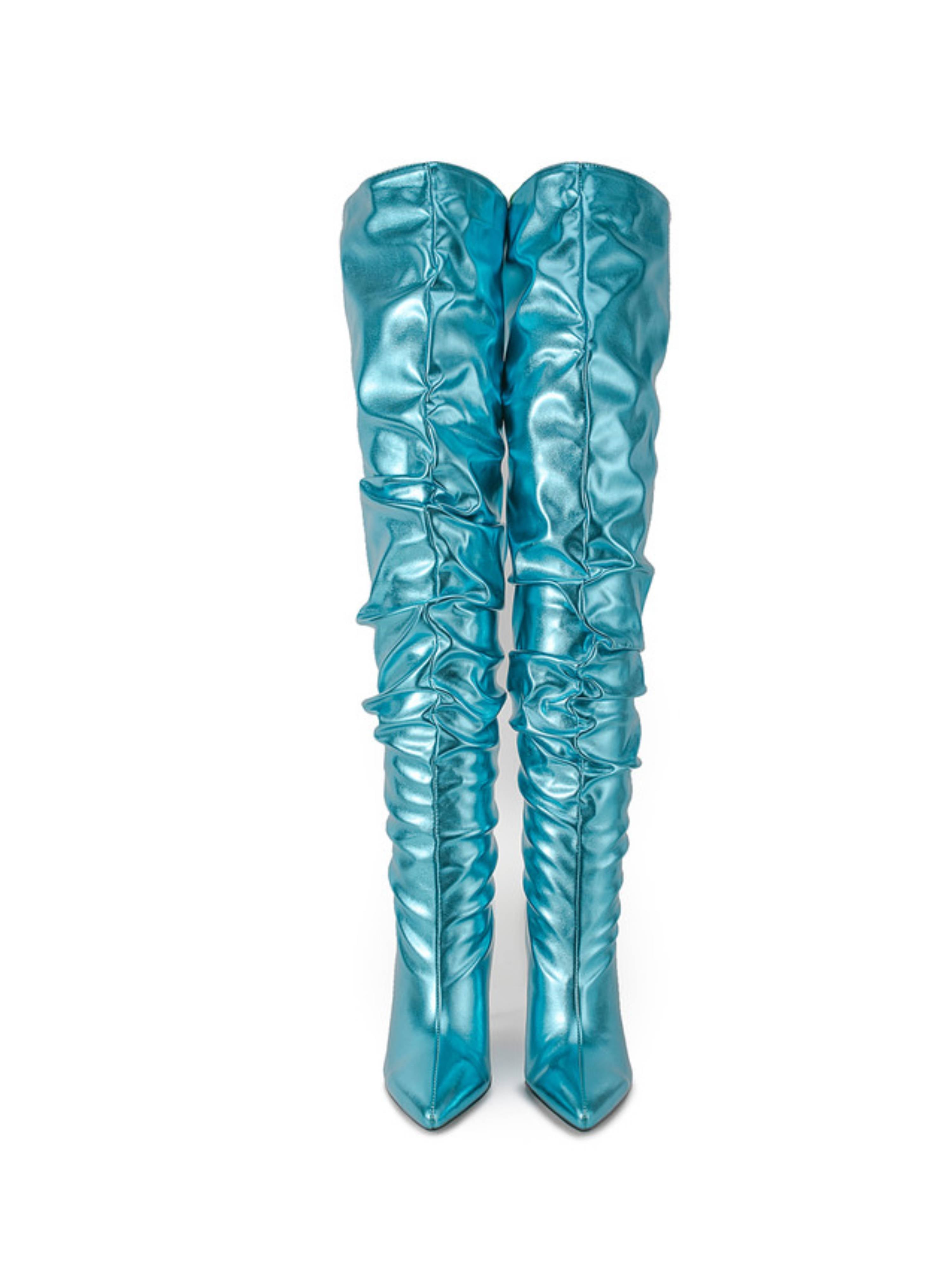 Metallic Sky Blue High-Heel Stiletto Slouchy Thight-High Boots