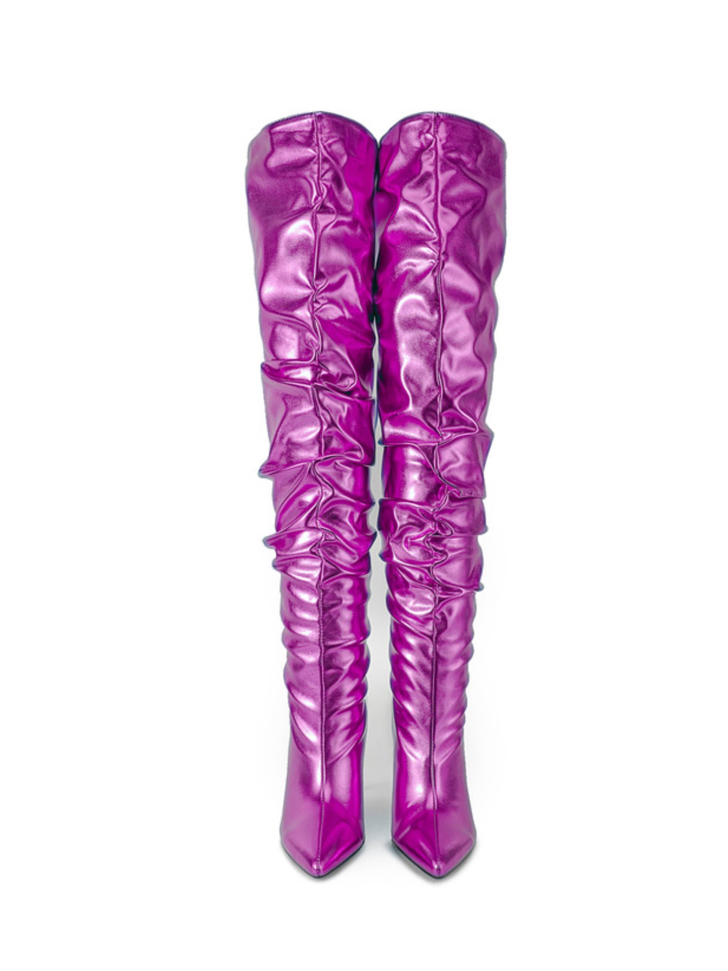 Amethyst Dream Glossy Purple Thigh-High Heeled Boots