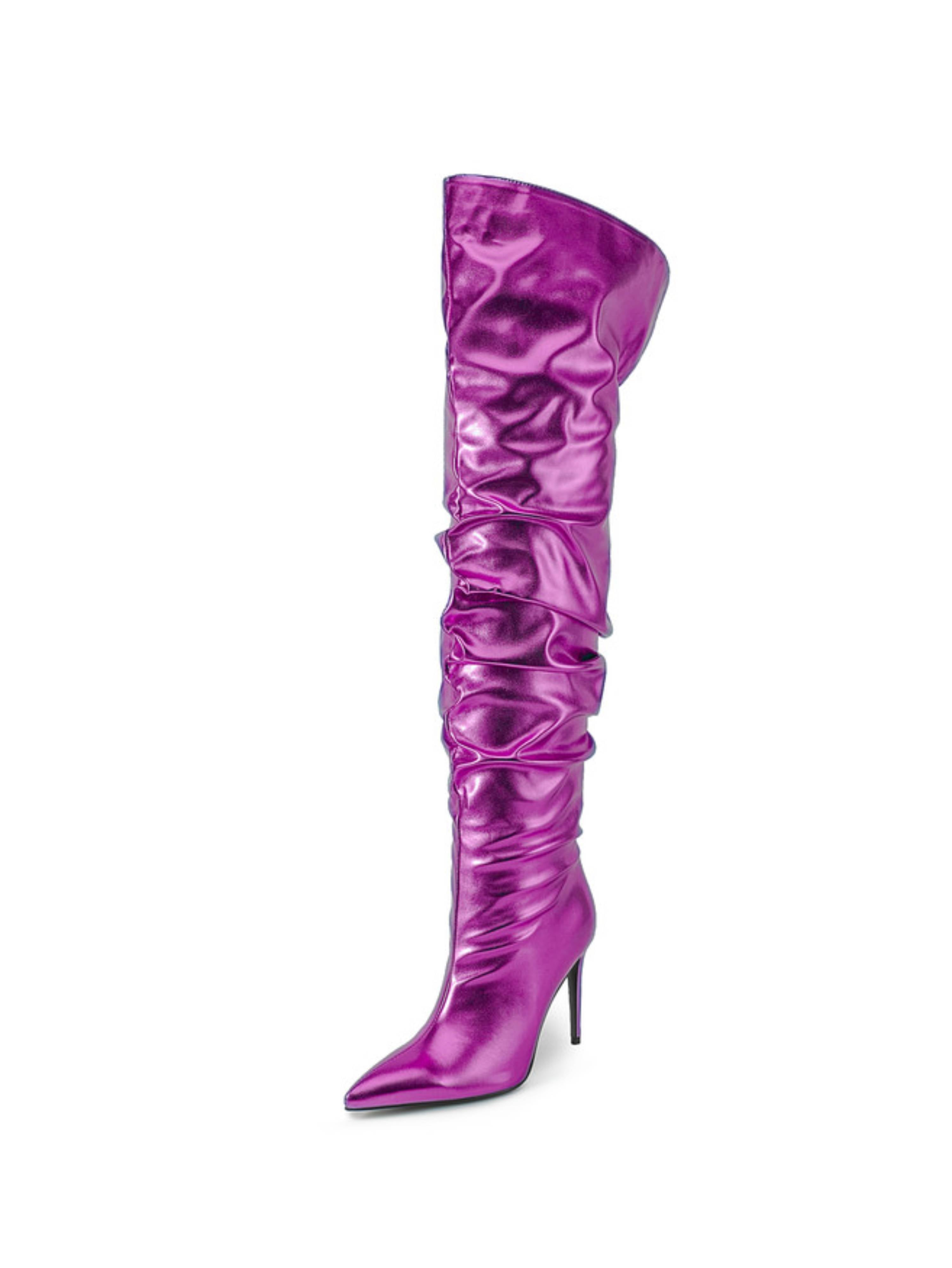 Amethyst Dream Glossy Purple Thigh-High Heeled Boots