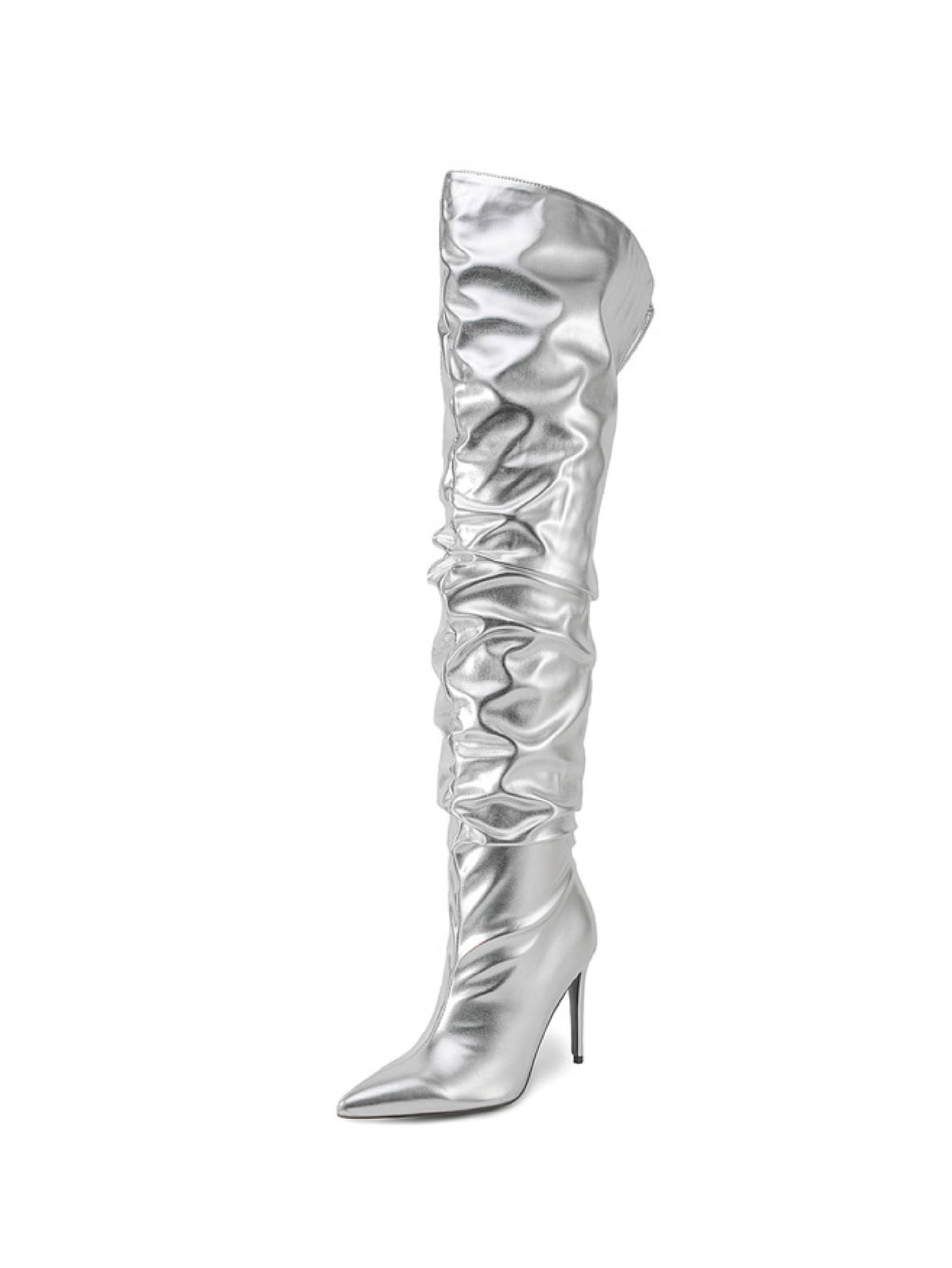 Ladies Silver Over-the-Knee Slouchy Long Boots