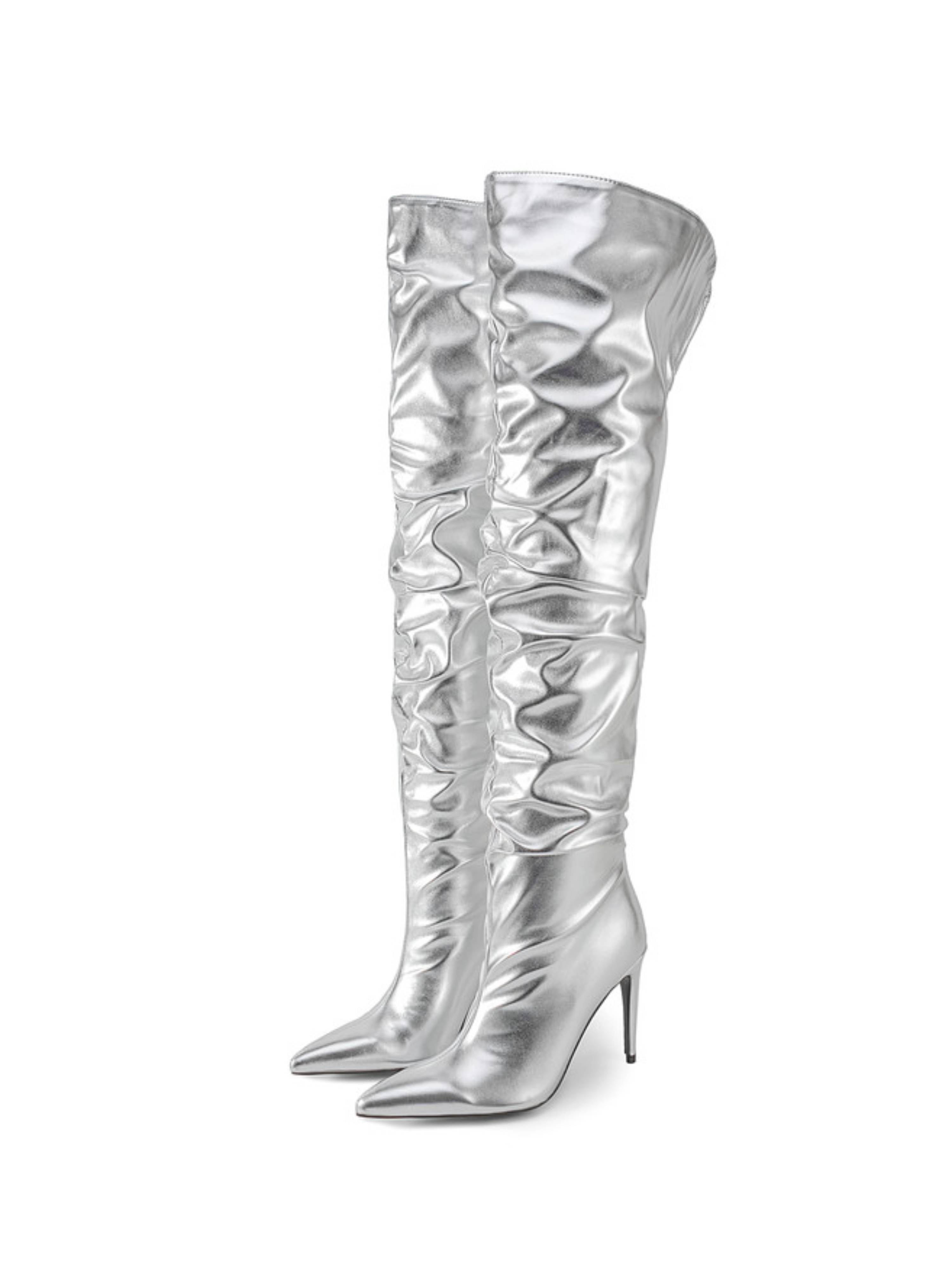 Ladies Silver Over-the-Knee Slouchy Long Boots