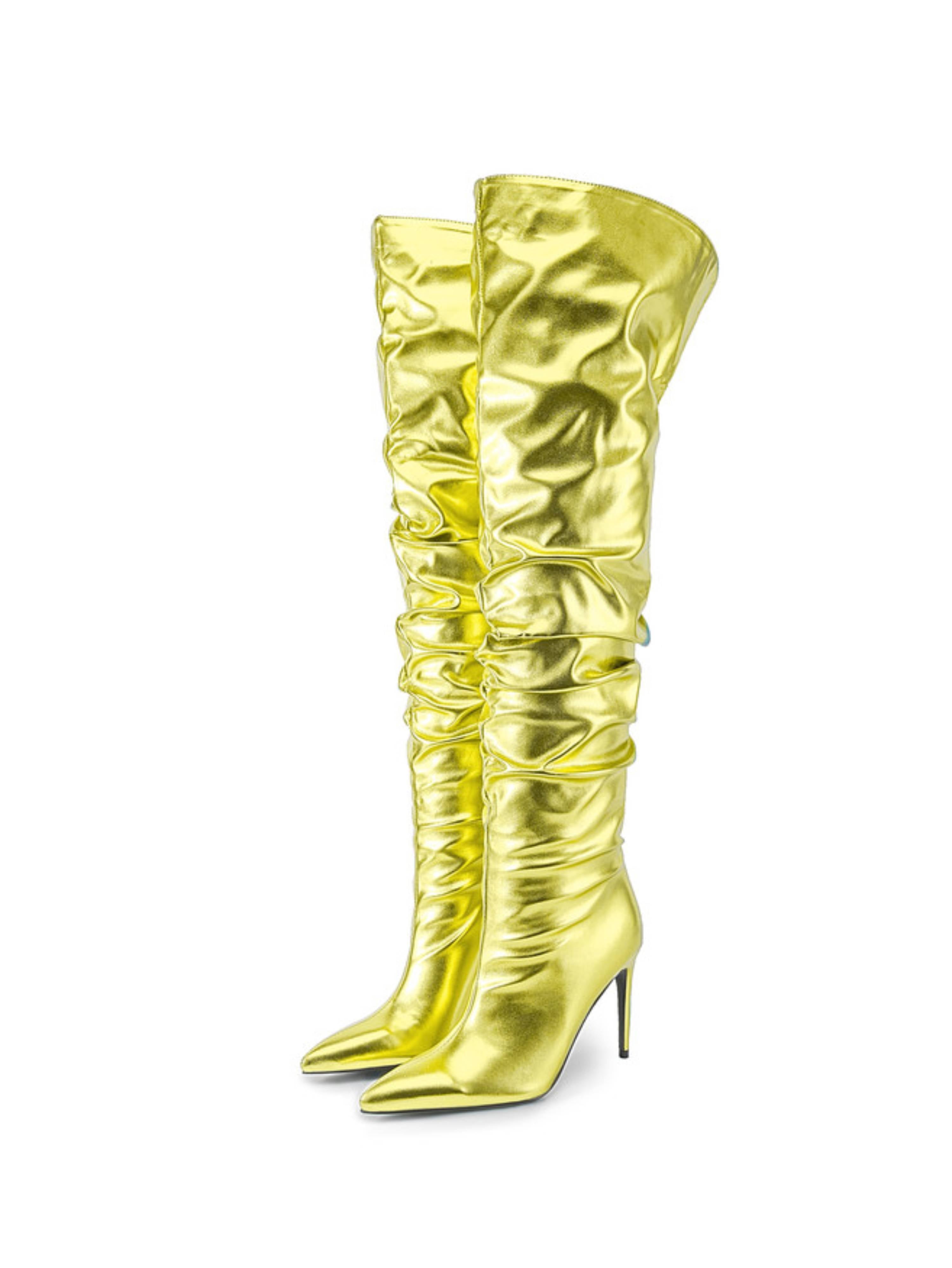 Metallic Lemon Green Ladies Over-the-Knee Slouch Boots