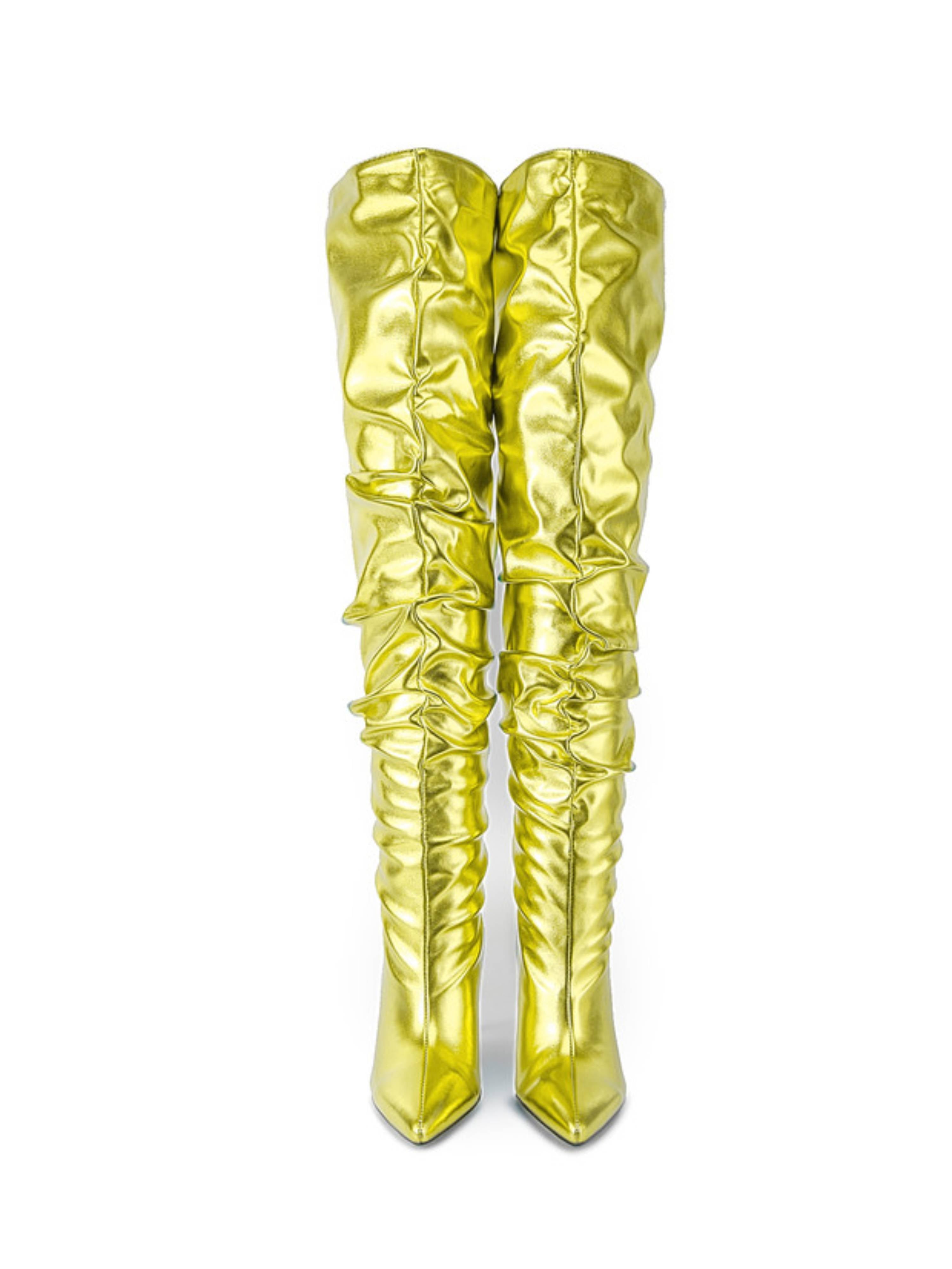 Metallic Lemon Green Ladies Over-the-Knee Slouch Boots