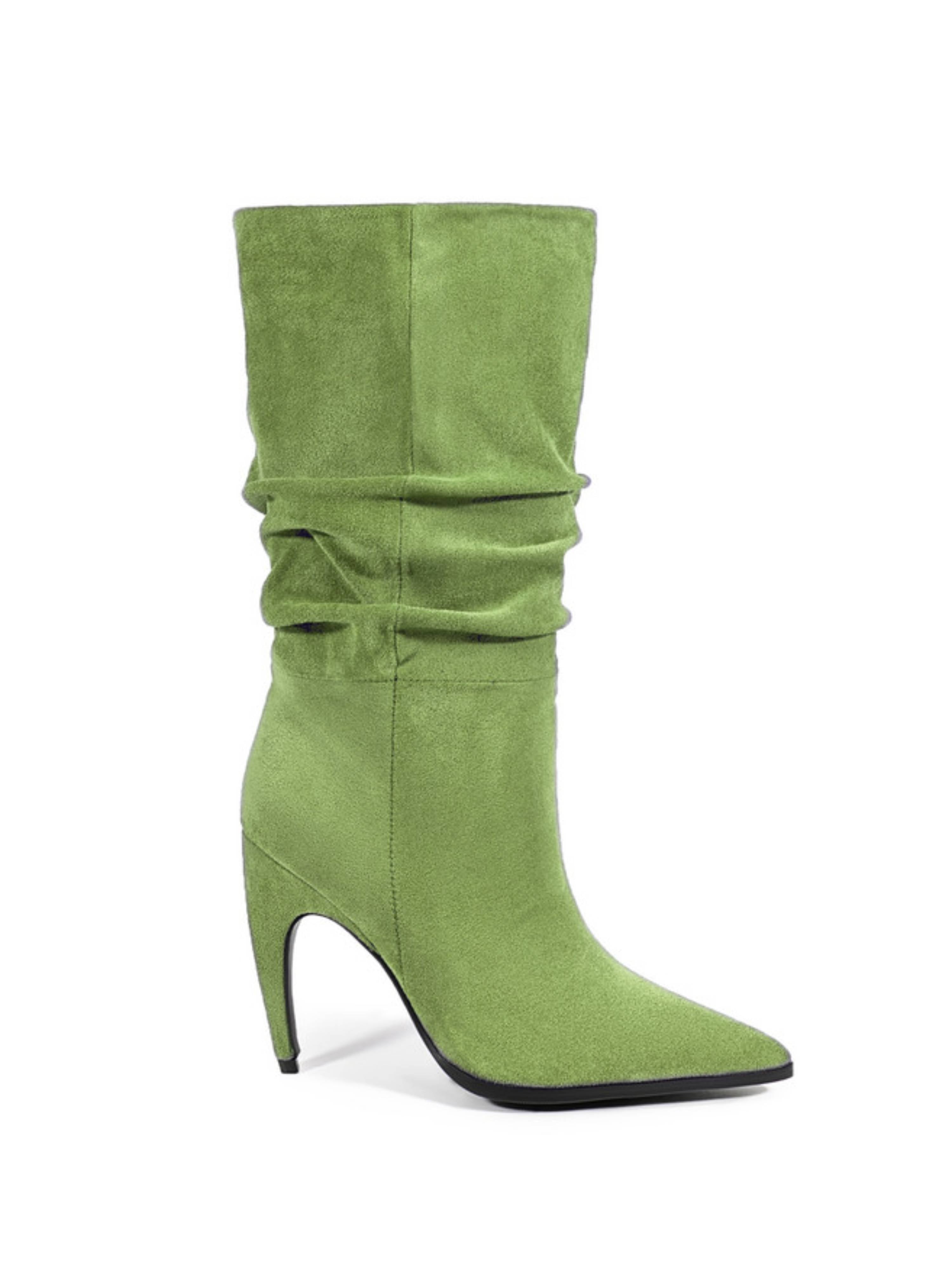 Grass Green Slouchy High-Heel Mid-Calf Boots for Women