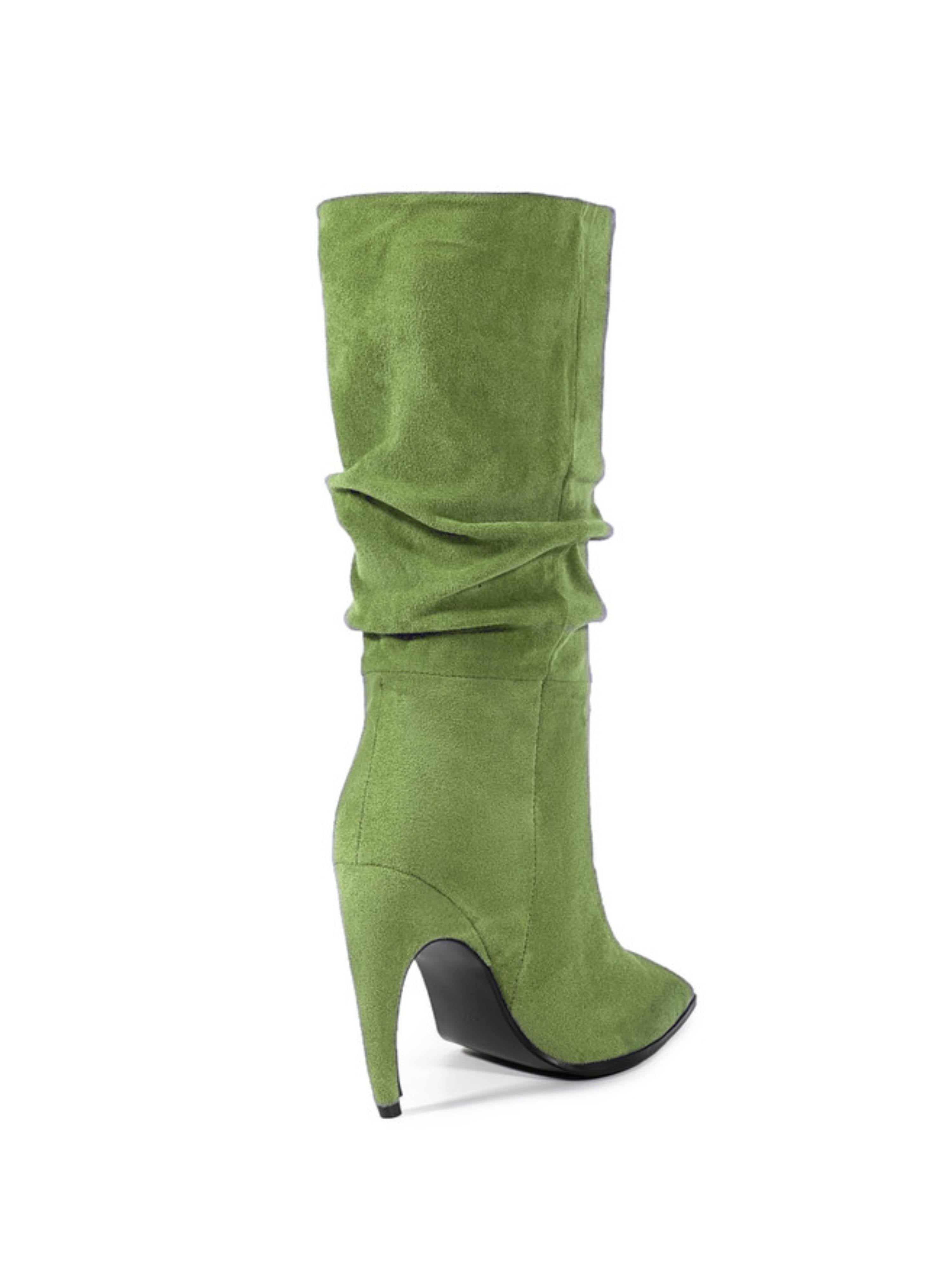 Grass Green Slouchy High-Heel Mid-Calf Boots for Women