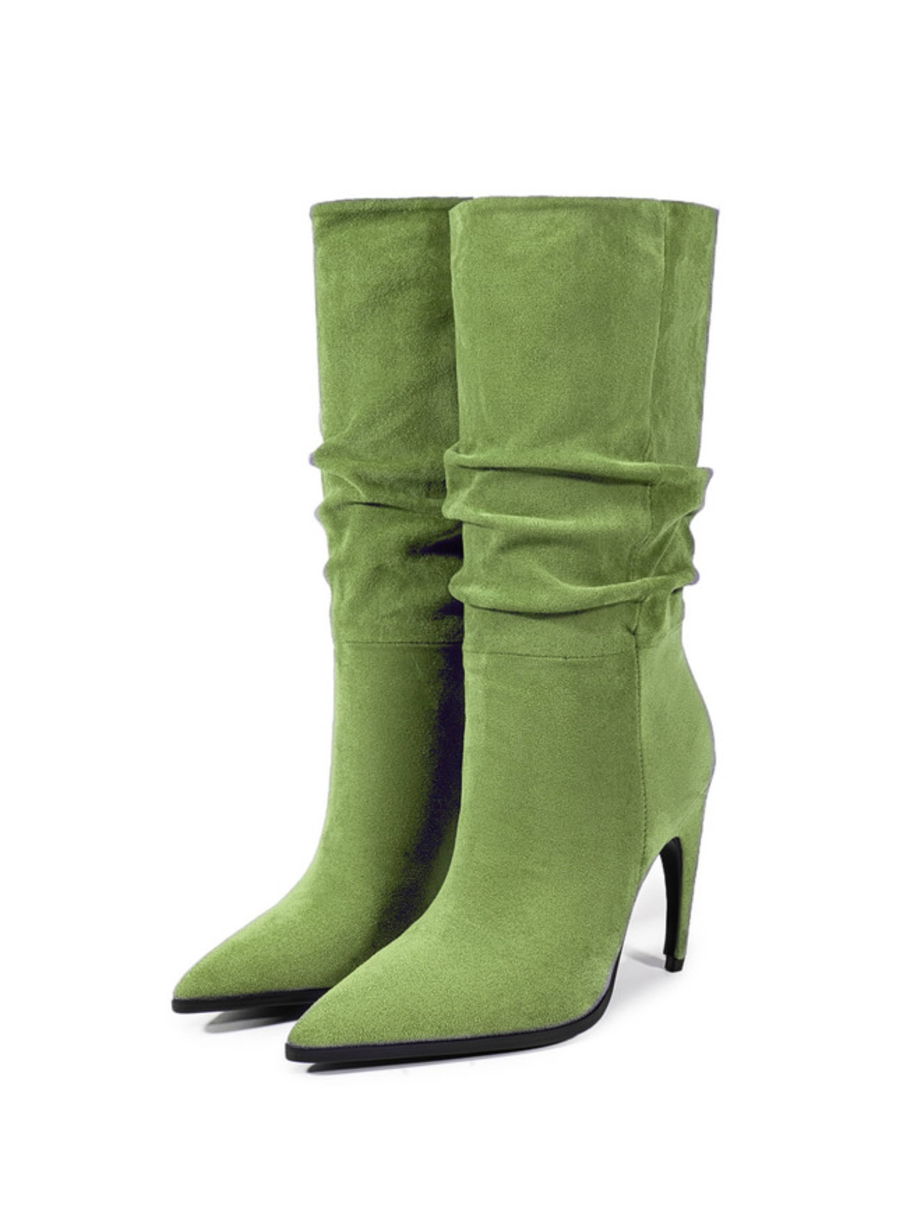 Grass Green Slouchy High-Heel Mid-Calf Boots for Women