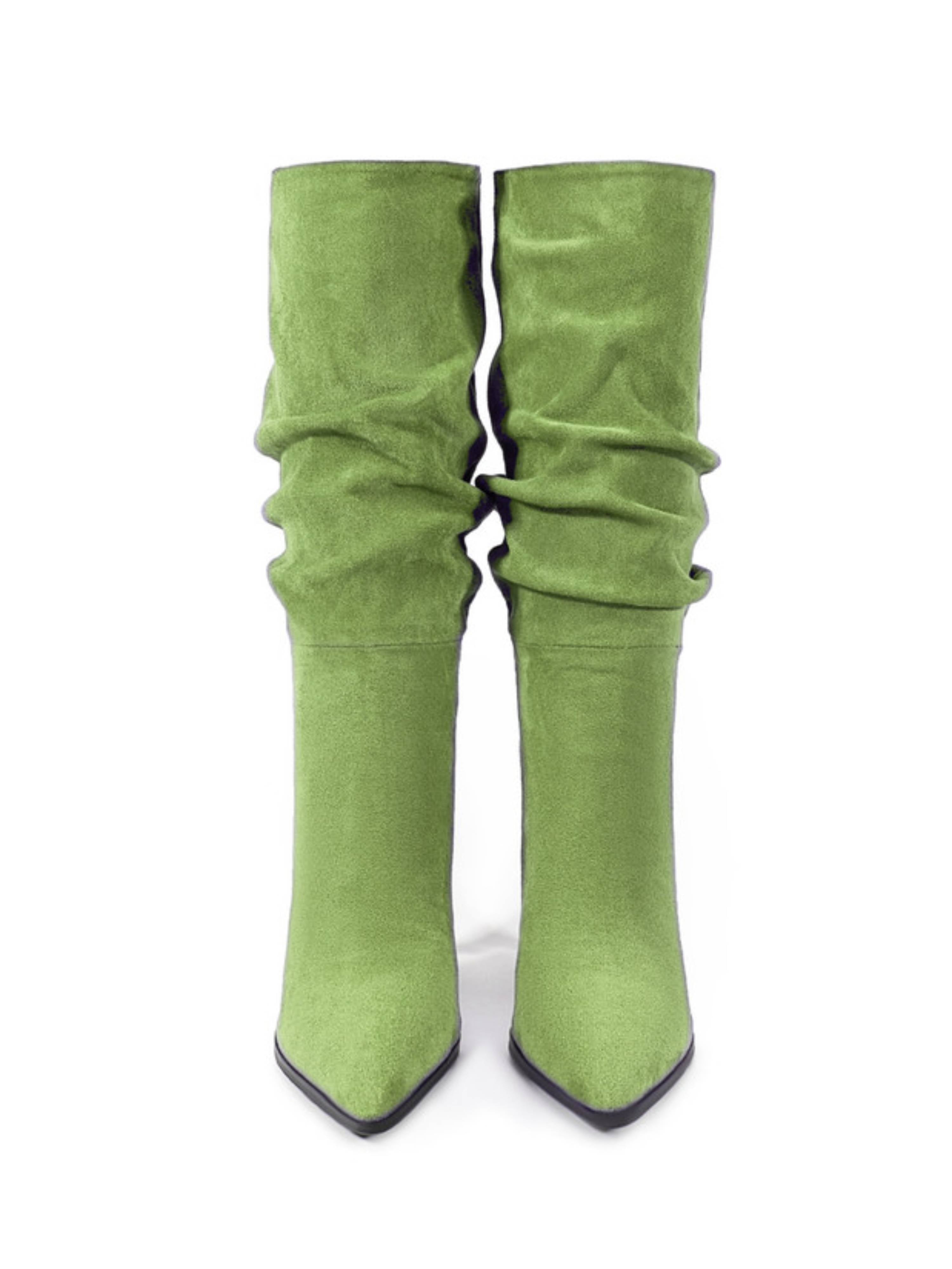 Grass Green Slouchy High-Heel Mid-Calf Boots for Women