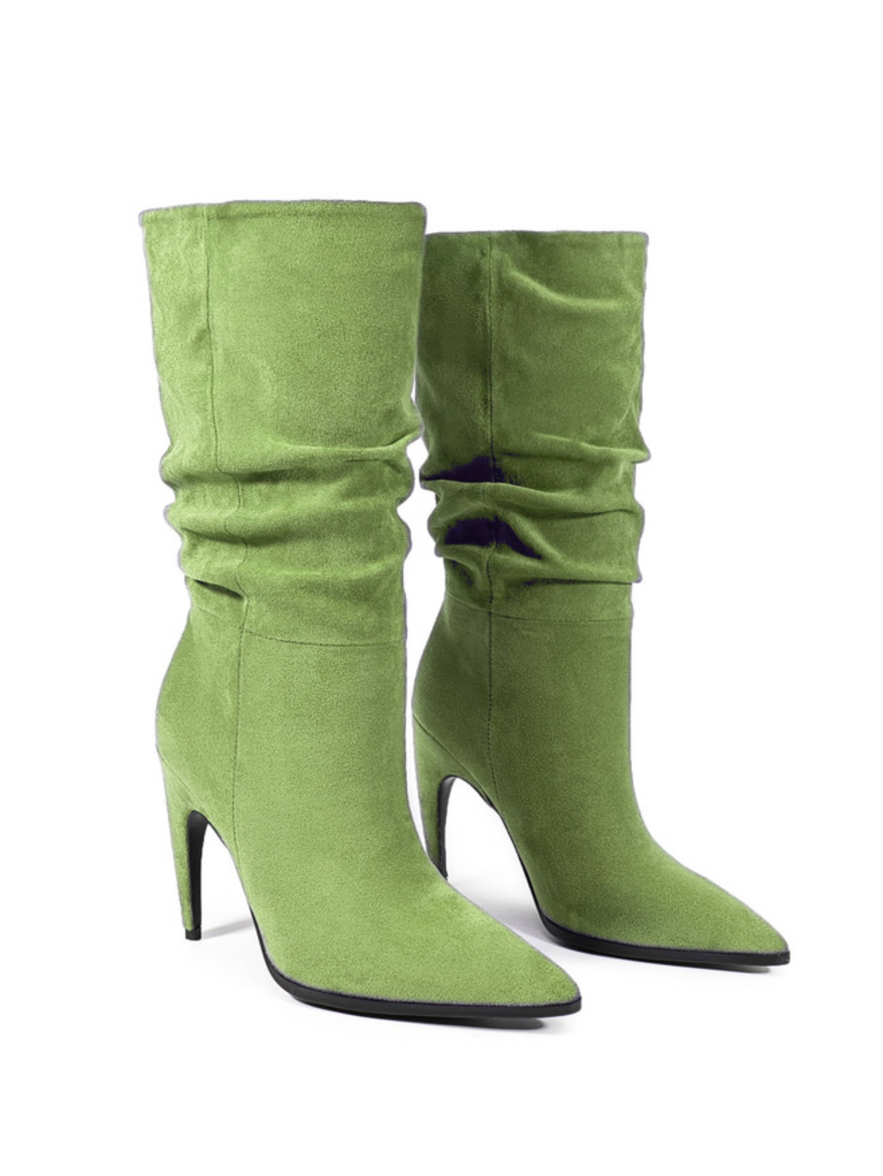Grass Green Slouchy High-Heel Mid-Calf Boots for Women
