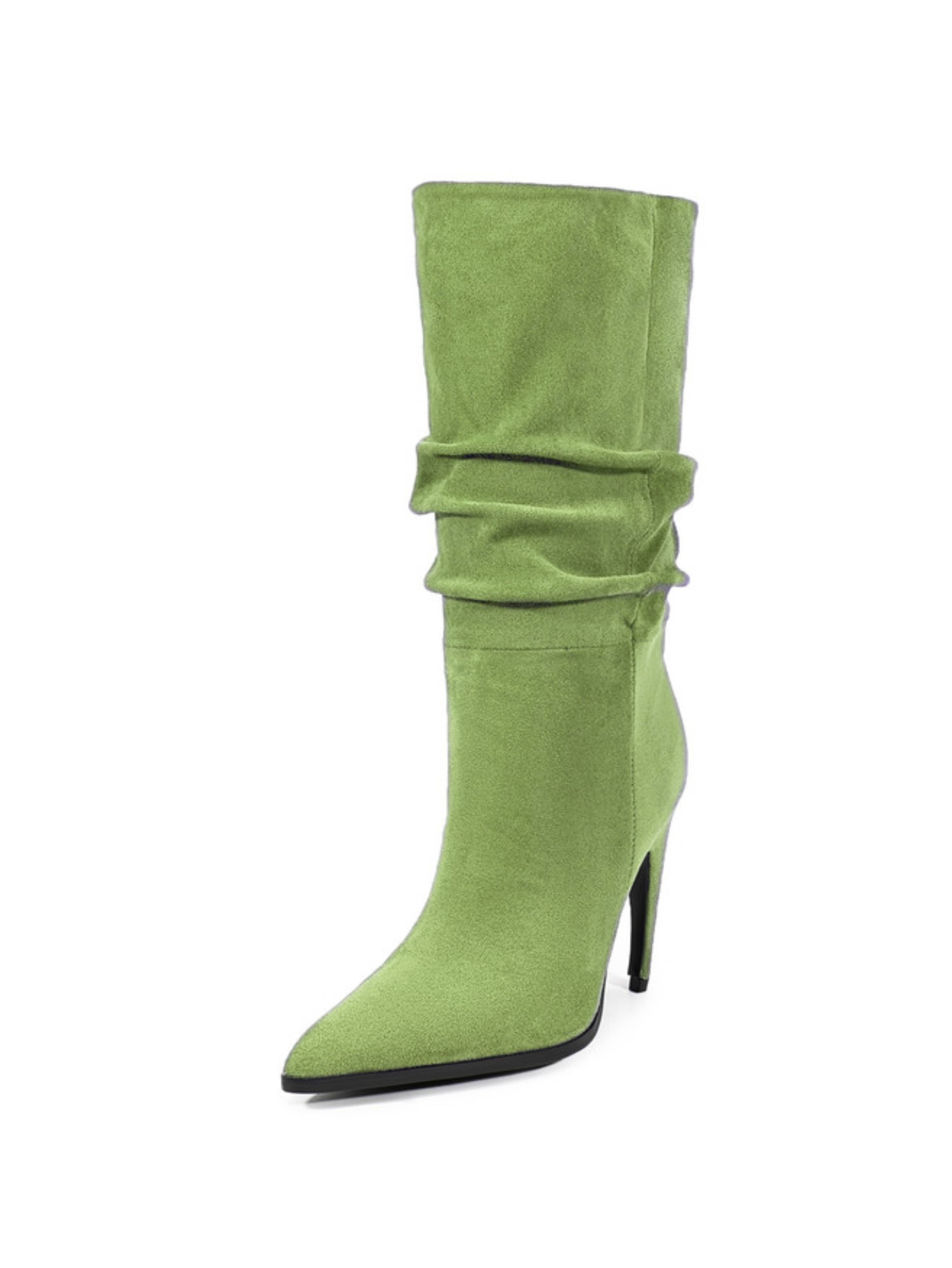 Grass Green Slouchy High-Heel Mid-Calf Boots for Women