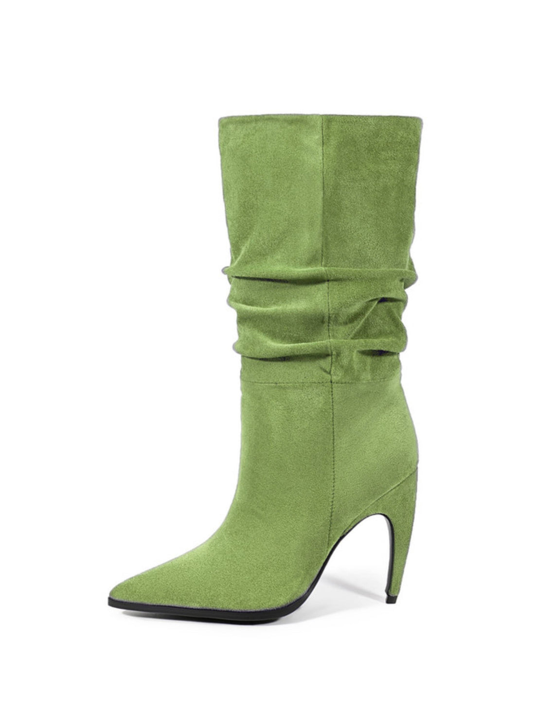 Grass Green Slouchy High-Heel Mid-Calf Boots for Women