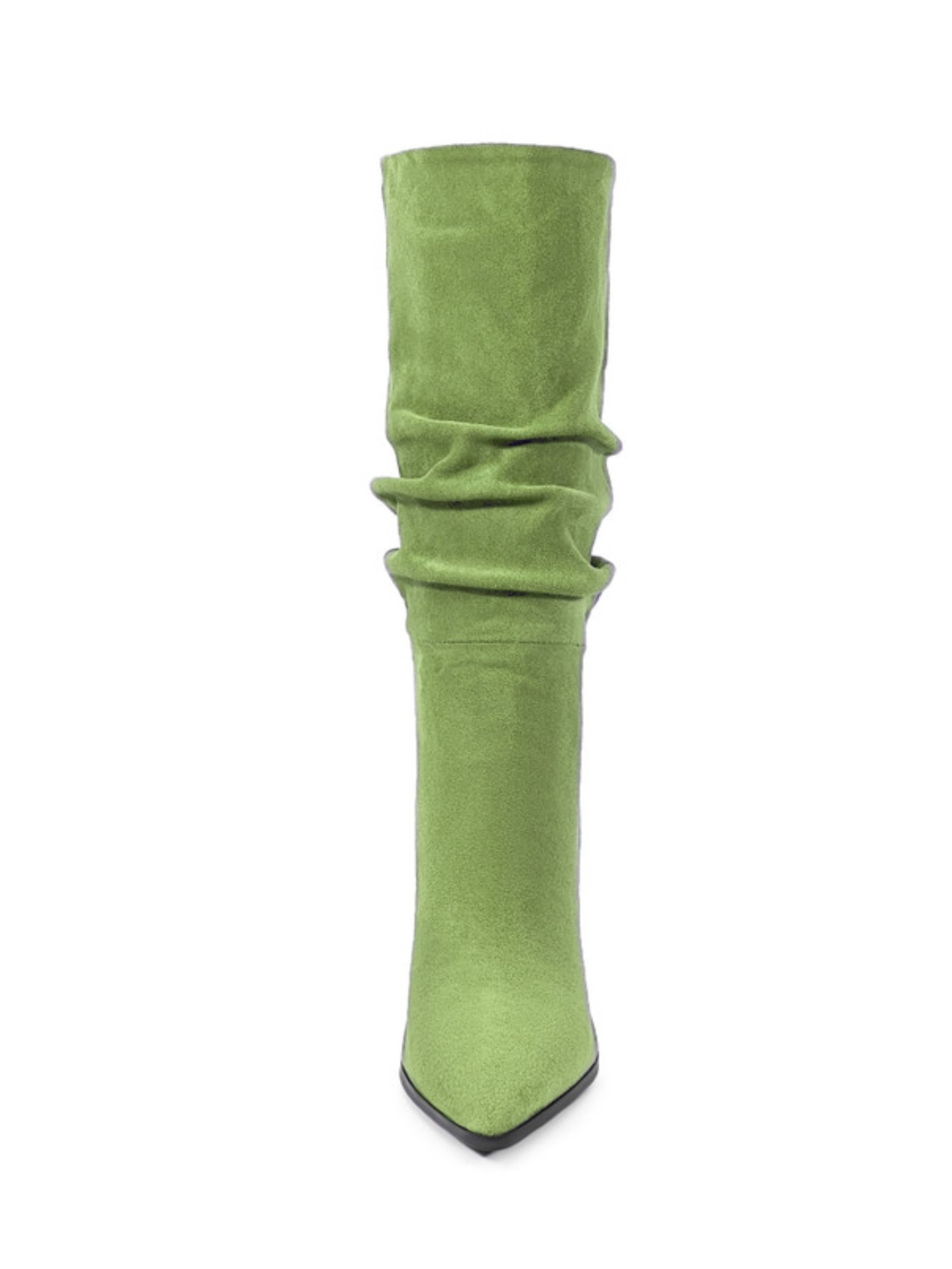 Grass Green Slouchy High-Heel Mid-Calf Boots for Women
