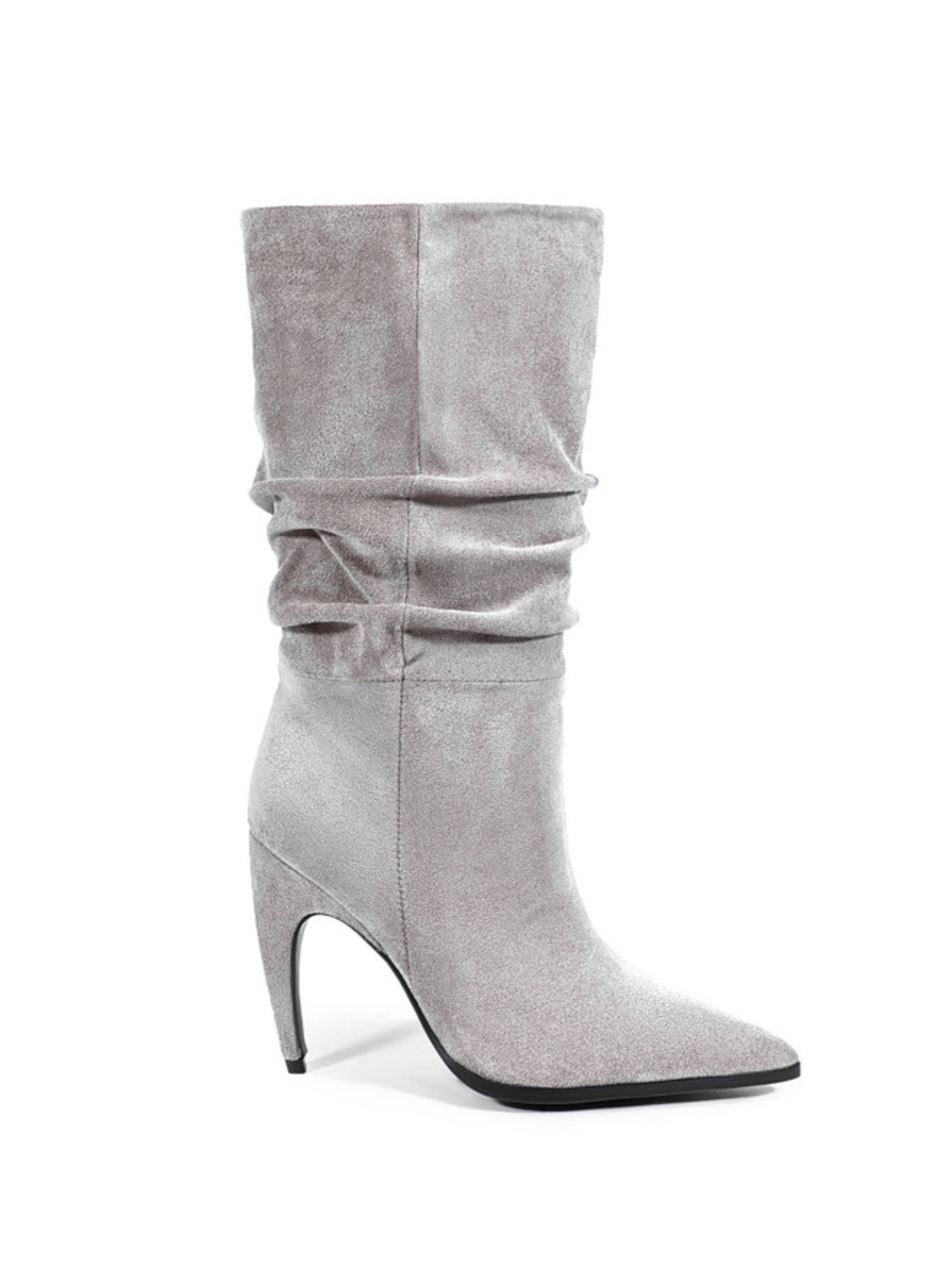 Gray Slouchy High-Heel Mid-Calf Boots Women