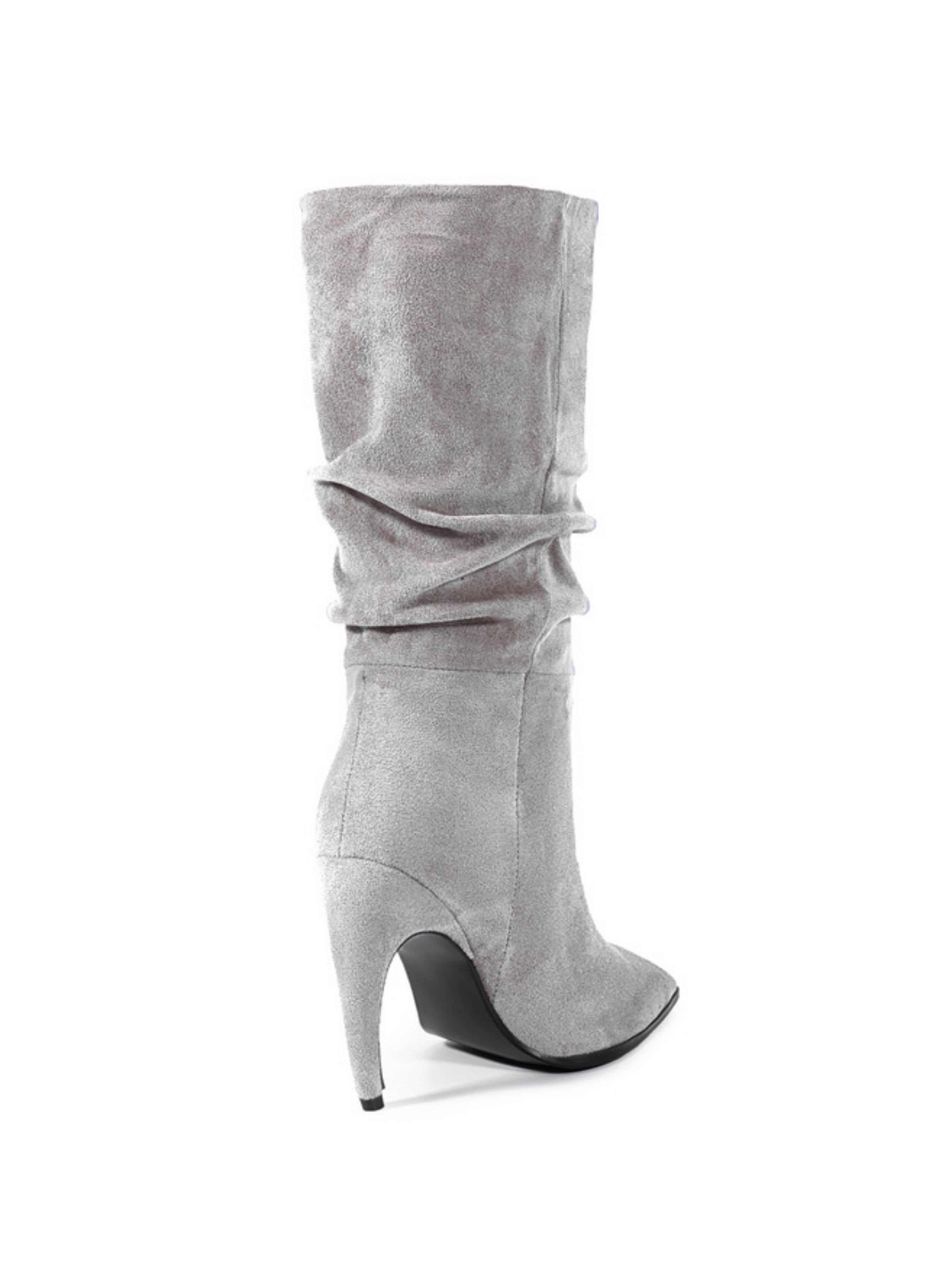Gray Slouchy High-Heel Mid-Calf Boots Women