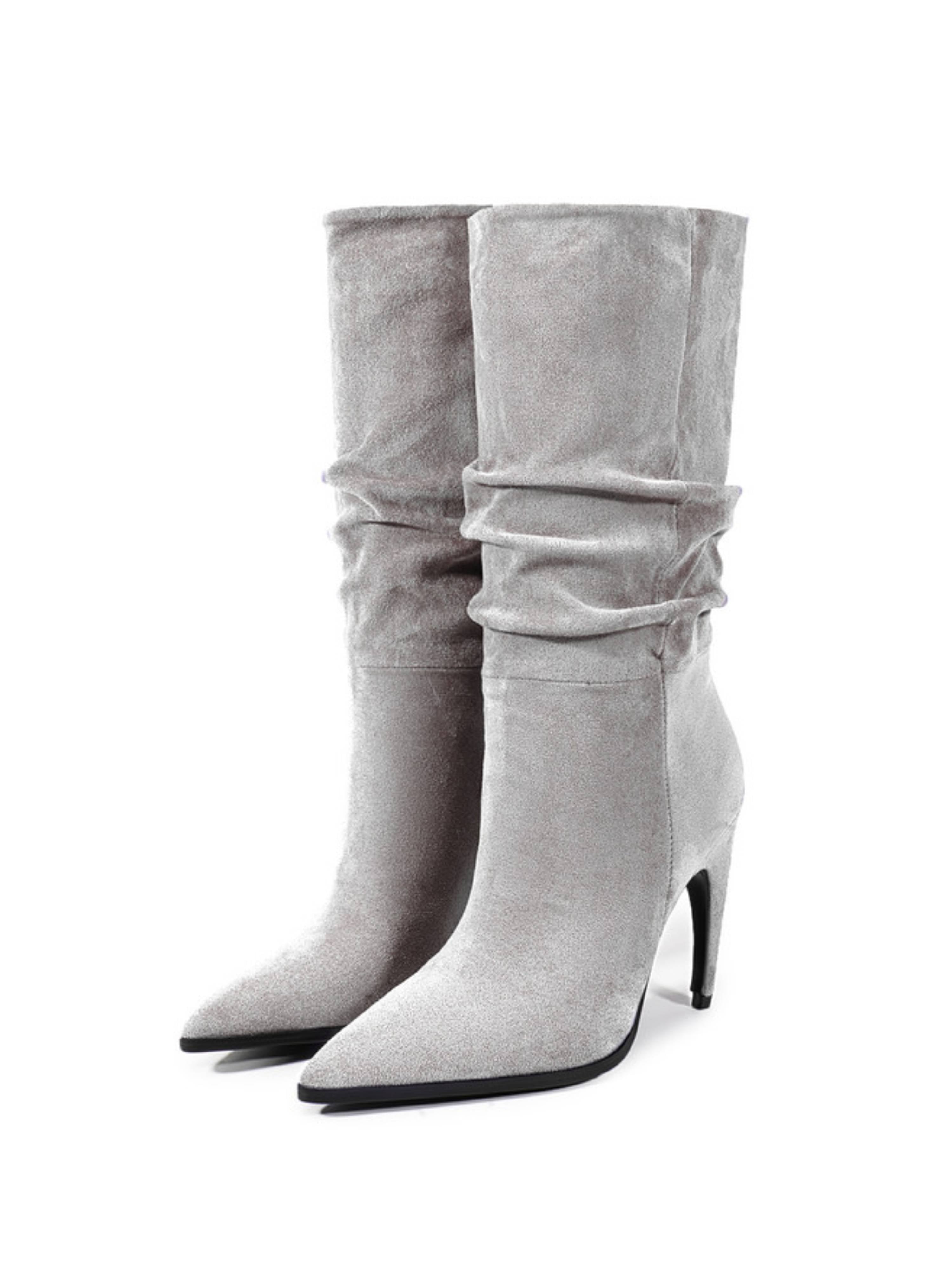 Gray Slouchy High-Heel Mid-Calf Boots Women