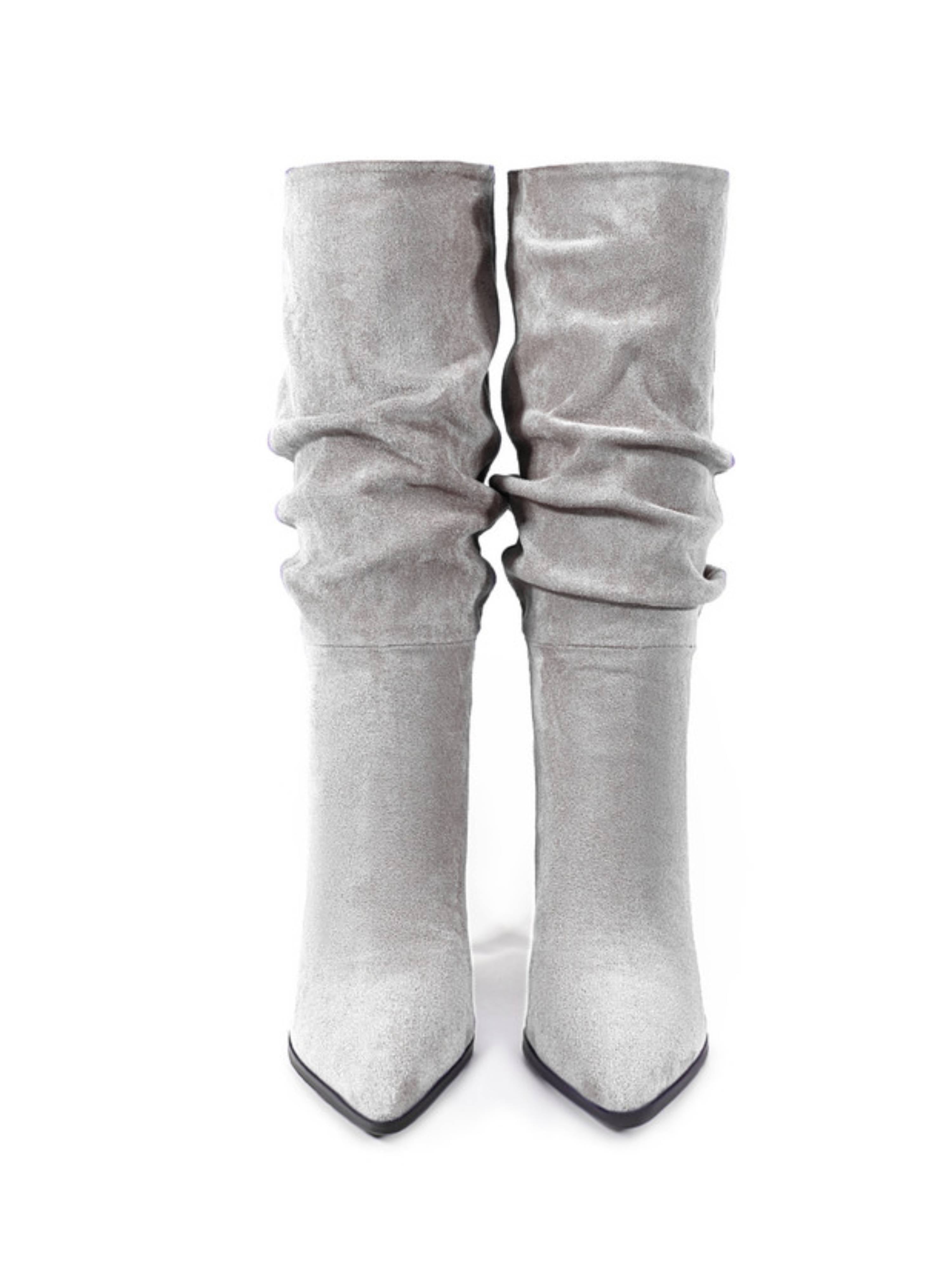 Gray Slouchy High-Heel Mid-Calf Boots Women
